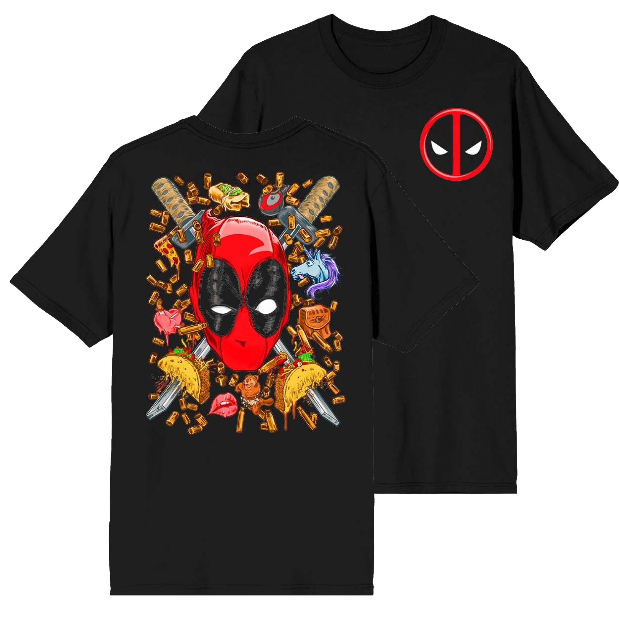Deadpool Swords on the Brain Front and Back Print T-Shirt, Black