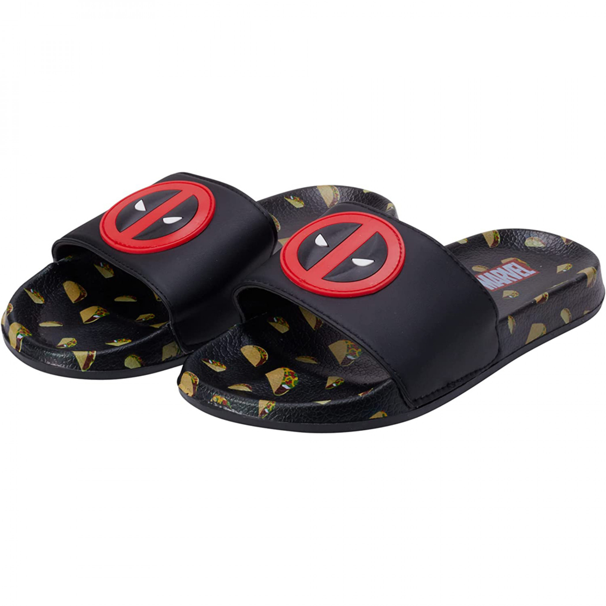 Deadpool Face Symbol and Taco's All Over Sandals Flip Flop Slides, Black