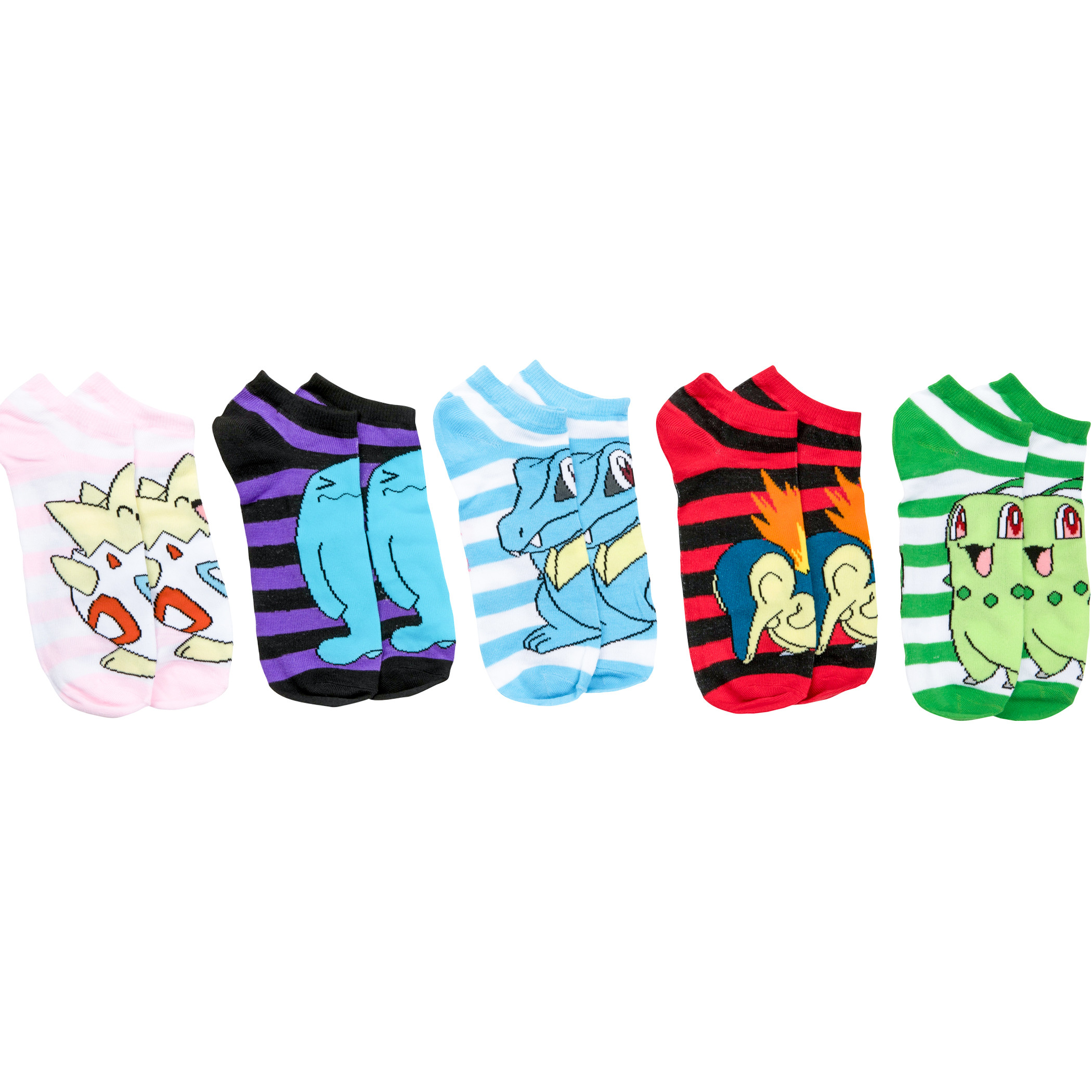 Pokemon Gen 2 Striped No Show Socks 5-Pack in Novelty Packaging, Multi-Color