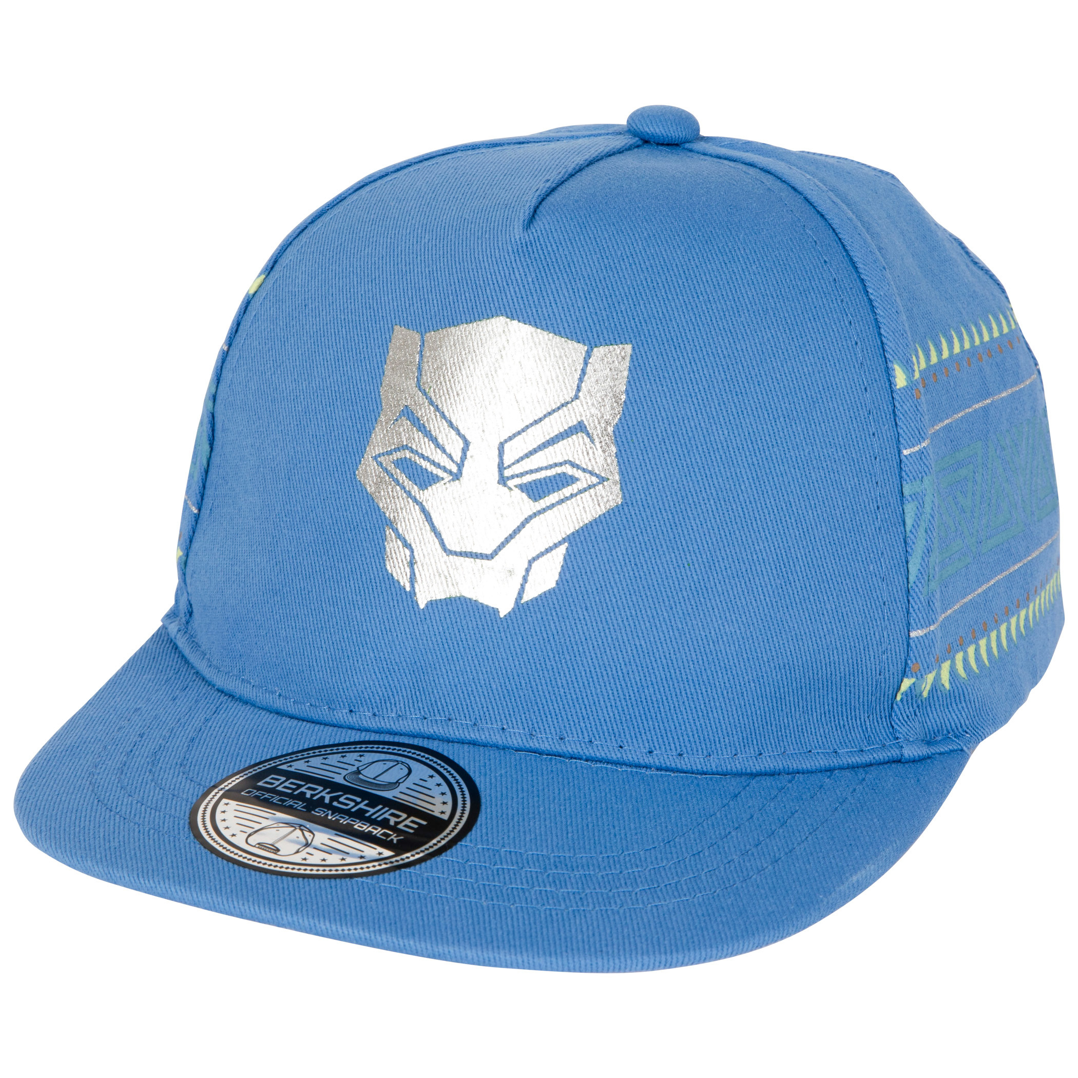 Black Panther Silver Mask Logo Snapback Flat Bill Hat, Blue