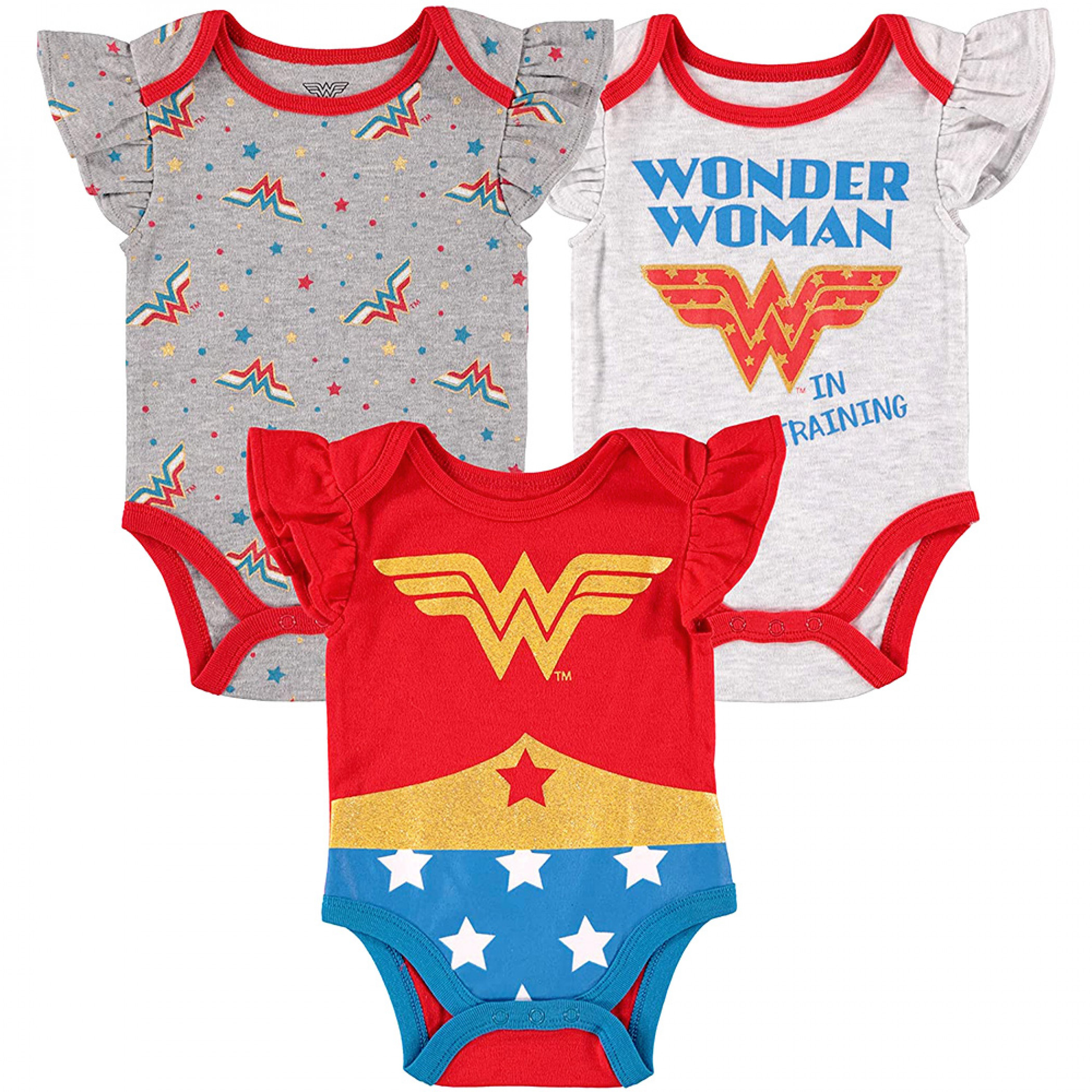 Wonder Woman Logo and Costume Styled Infant Bodysuits 3-Pack, Multi-Color