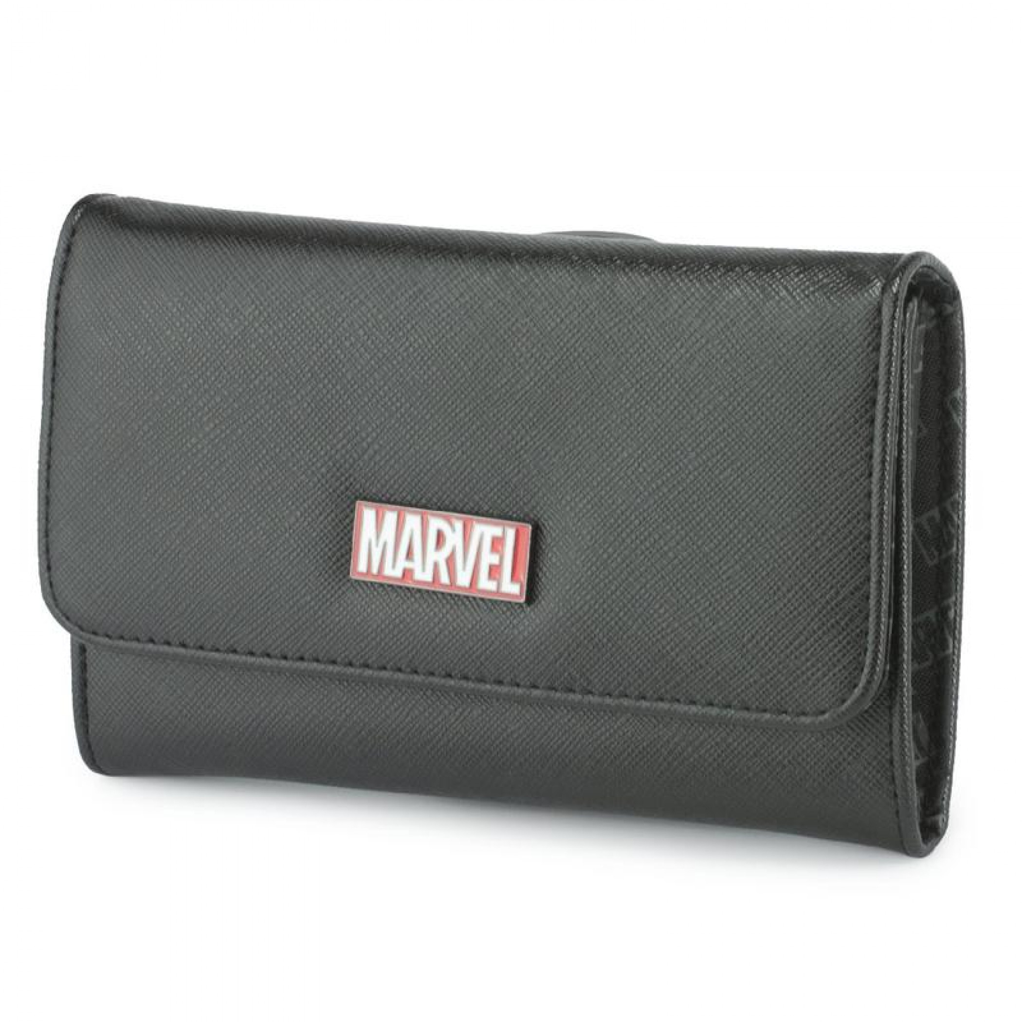 Marvel Brand Metal Emblem Fold Over Saffiano Wallet, Black