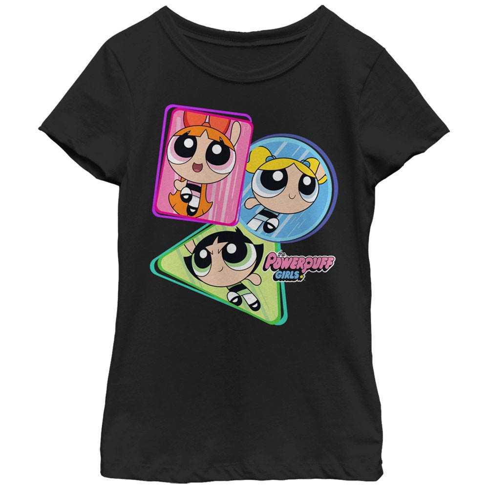 Power Puff Girls Superhero Shapes Black Youth Girls T-Shirt