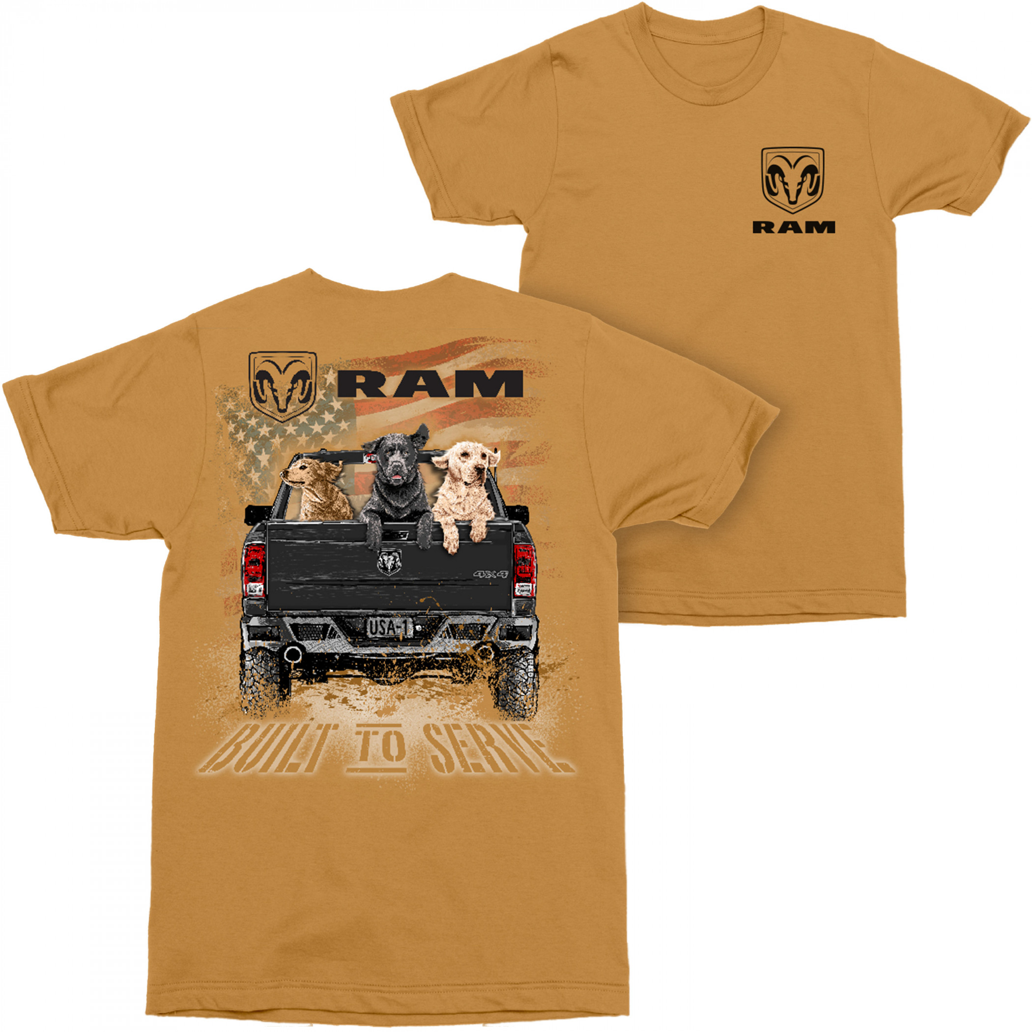 Dodge Ram Built to Serve Front and Back Print T-Shirt Orange