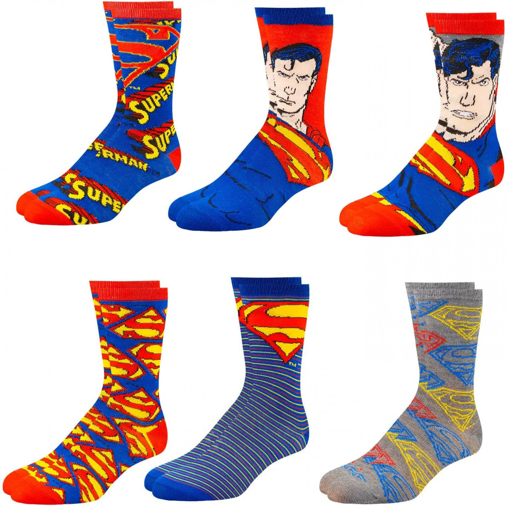 Superman Assorted Designs Men's Crew Socks 6-Pack, Multi-Color
