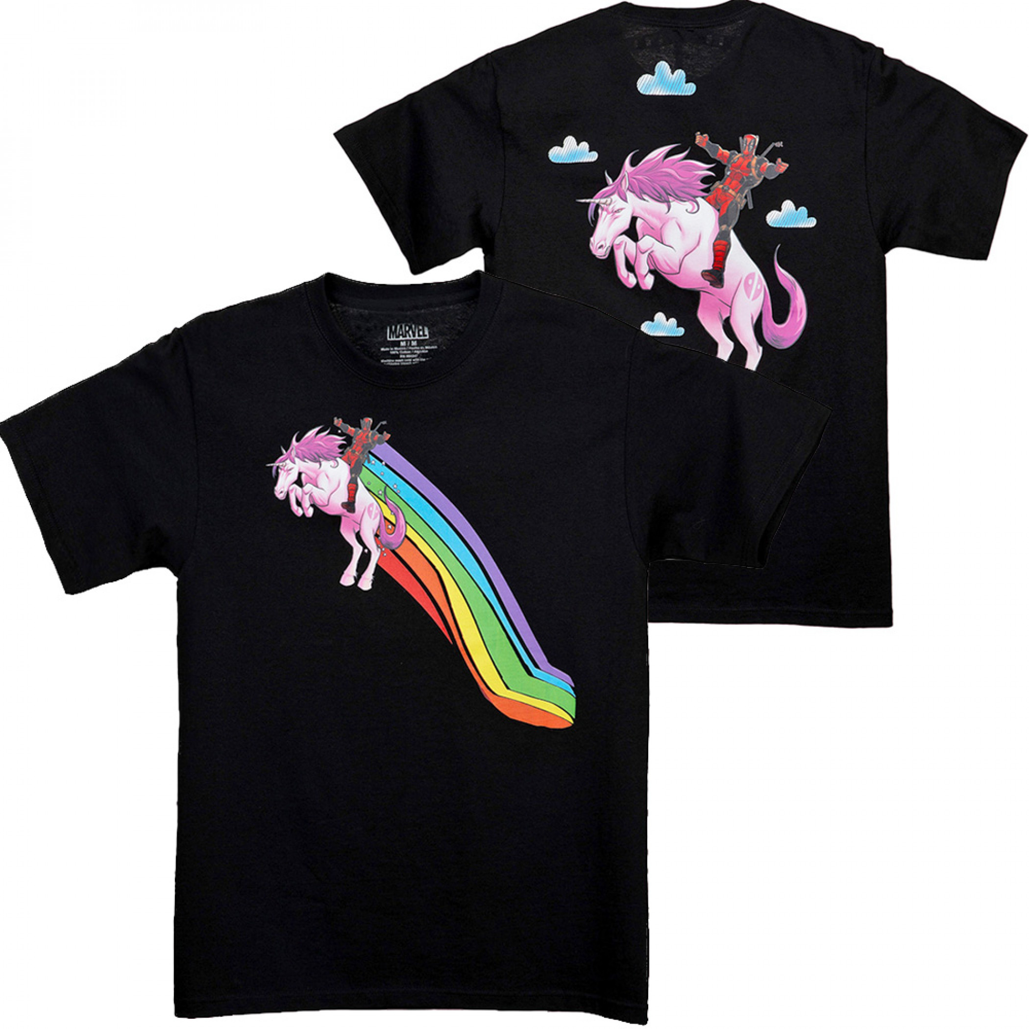 Deadpool Flying High on a Unicorn Front and Back T-Shirt, Black