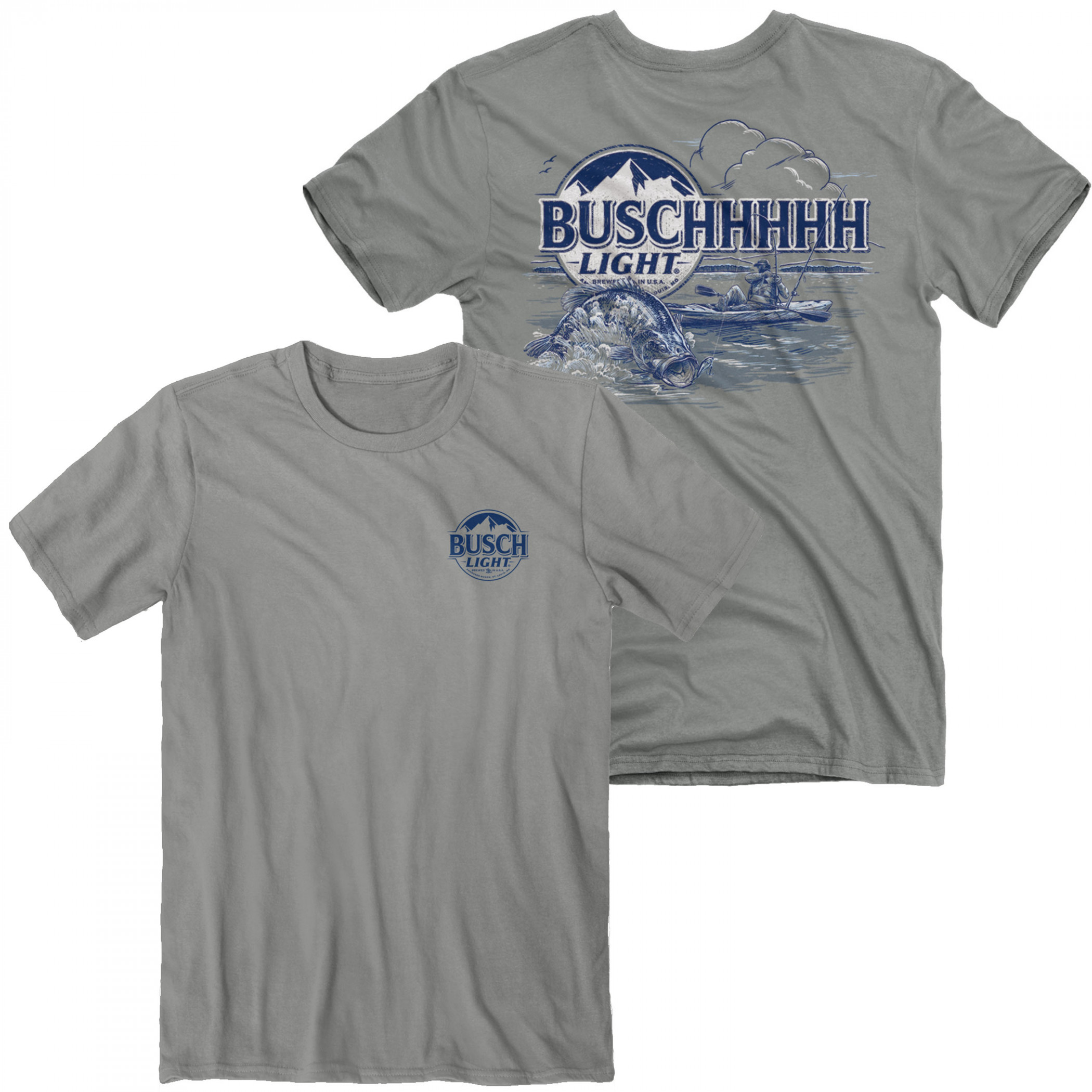 Busch Light Bass Catch Front and Back Print T-Shirt Grey