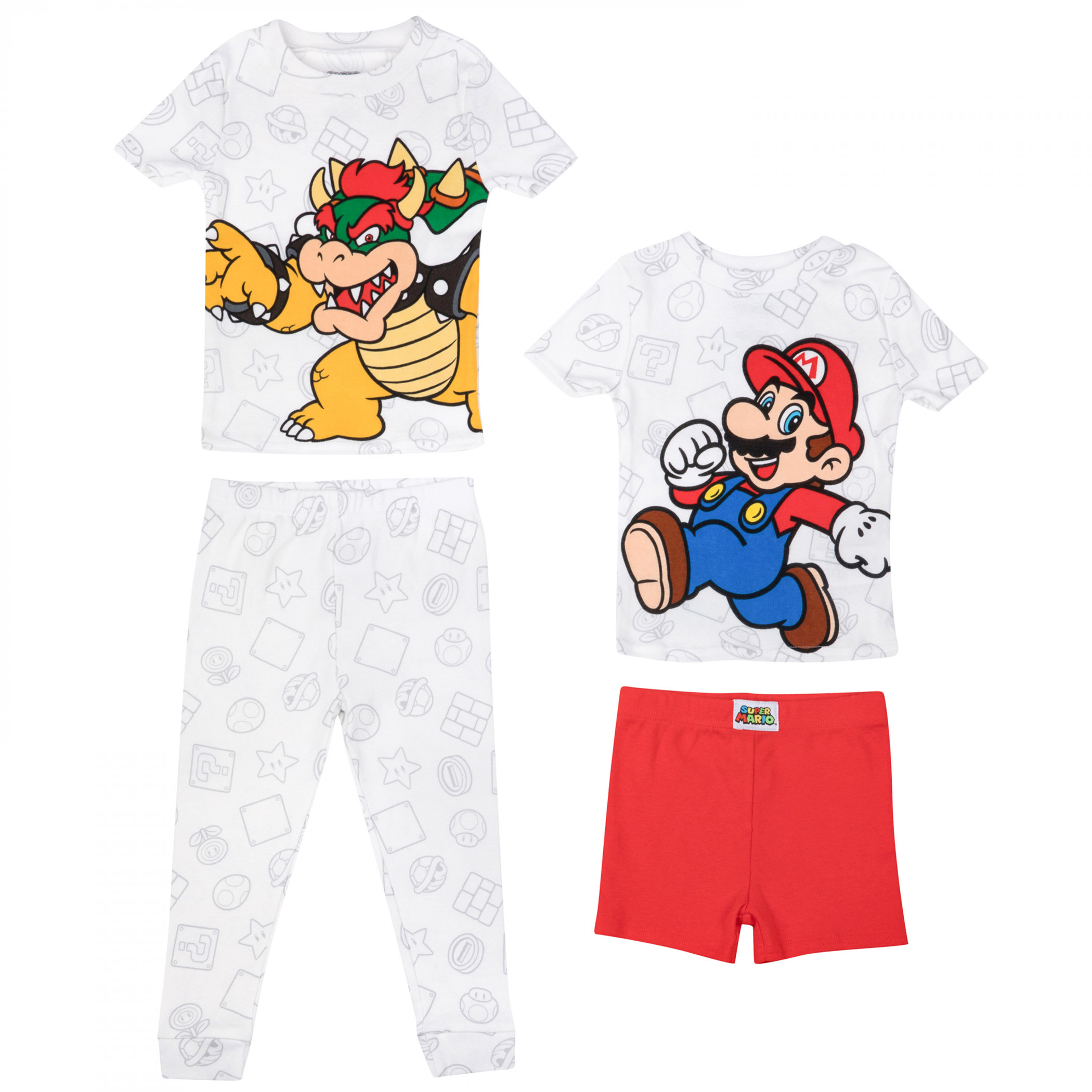 Super Mario Bros. Mario and Bowser 4-Piece Toddler Boys Pajama Set, Multi-Color