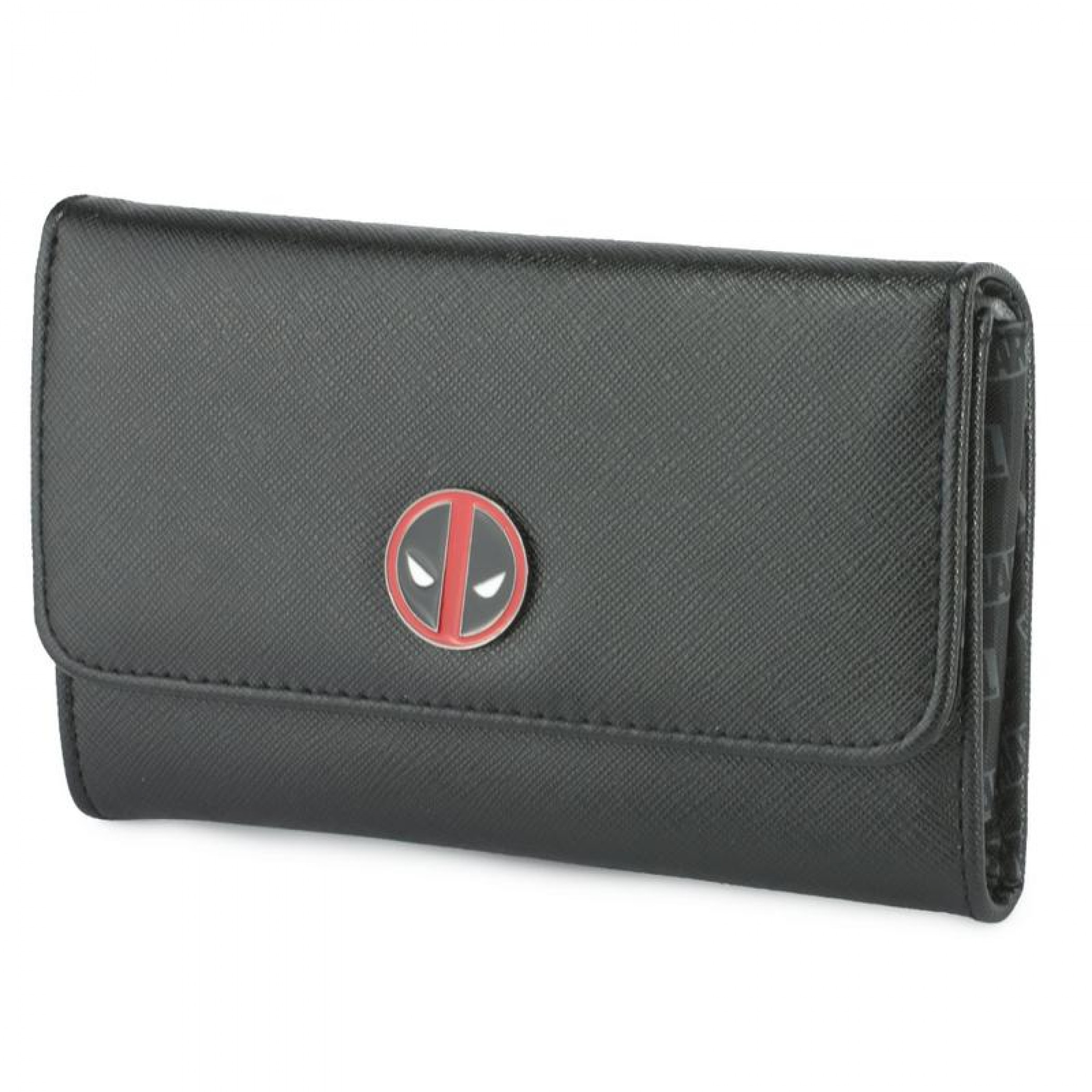 Deadpool Symbol Metal Emblem Fold Over Saffiano Wallet, Black