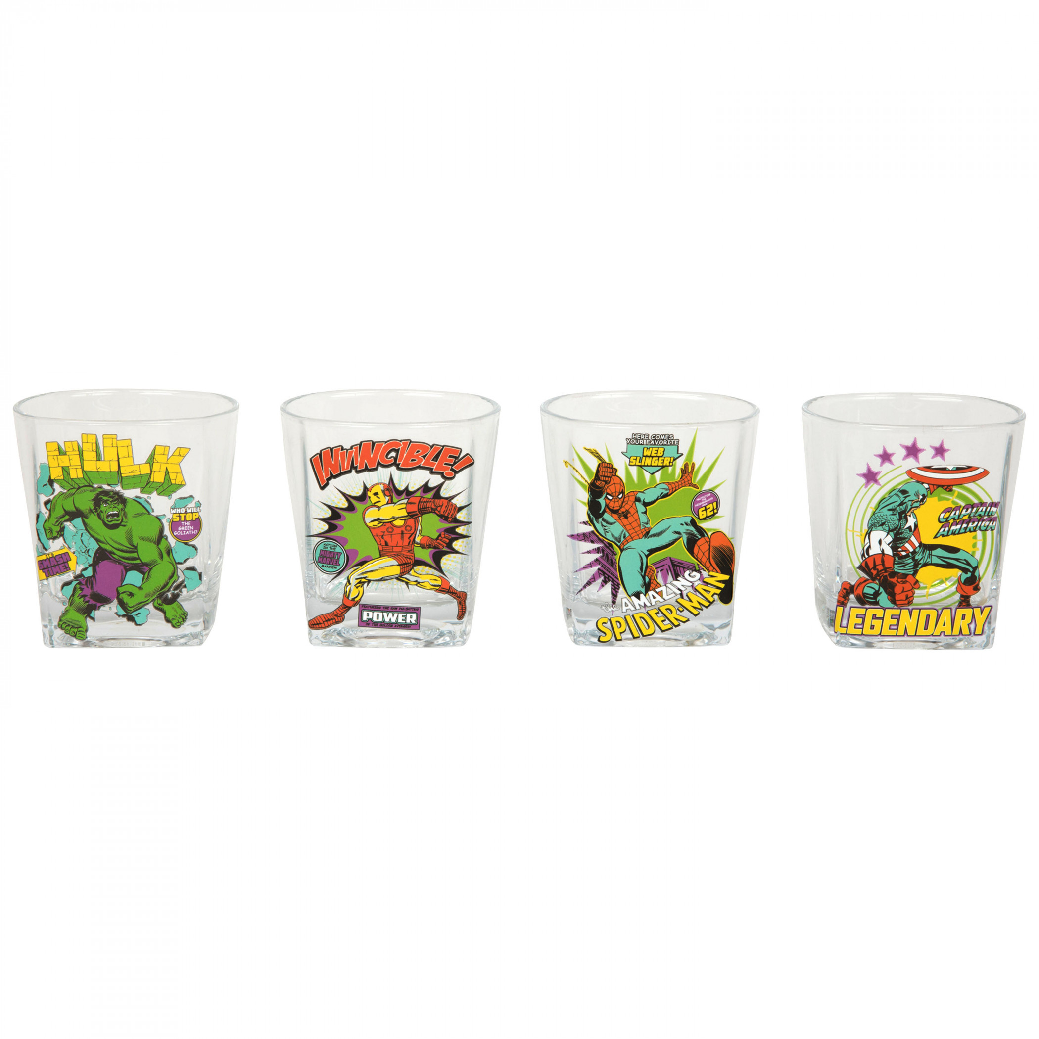 Avengers Retro Neon Comic Art 4-Pack Rocks Glass Set, Clear