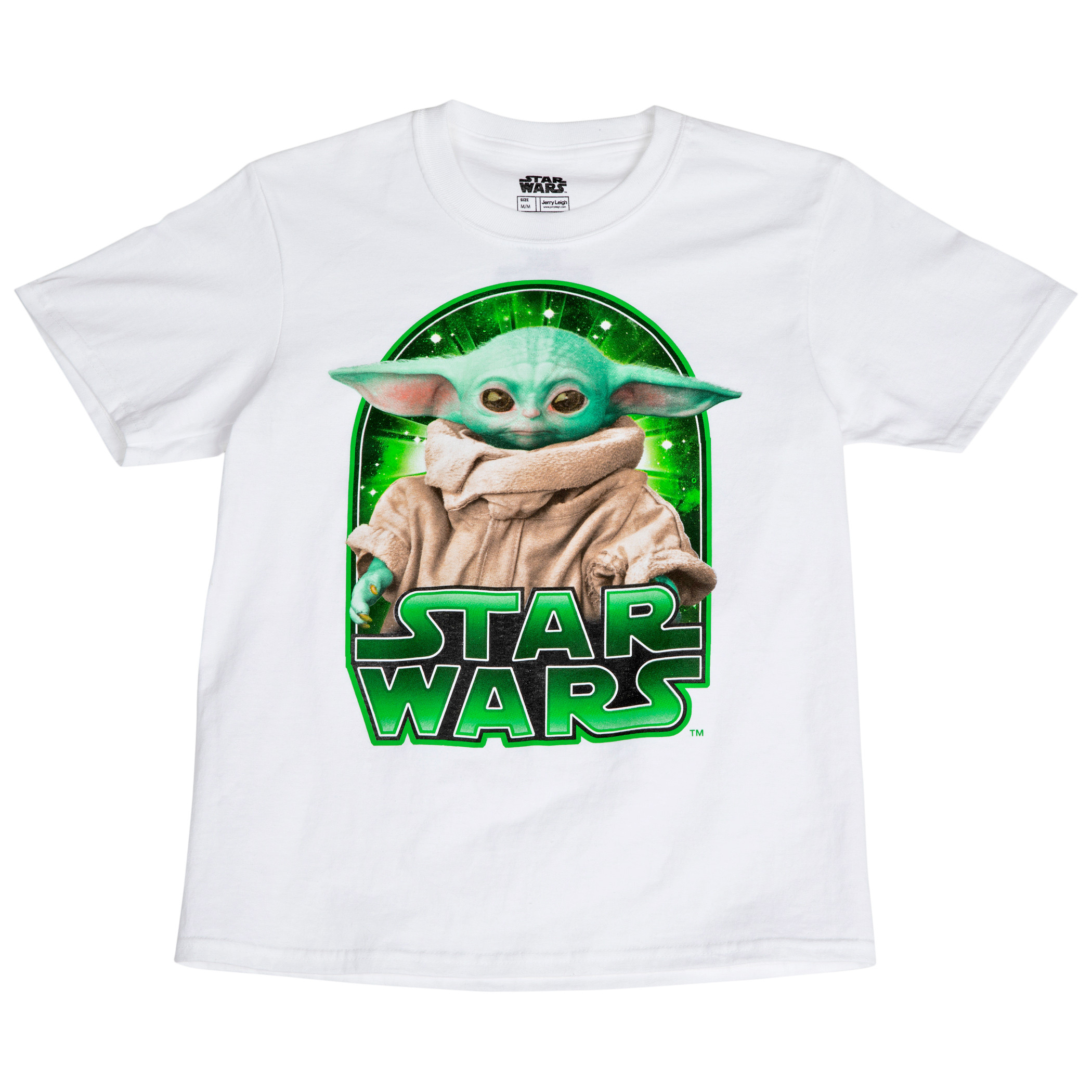 Star Wars The Mandalorian Grogu Galaxy Green Youth T-Shirt, White