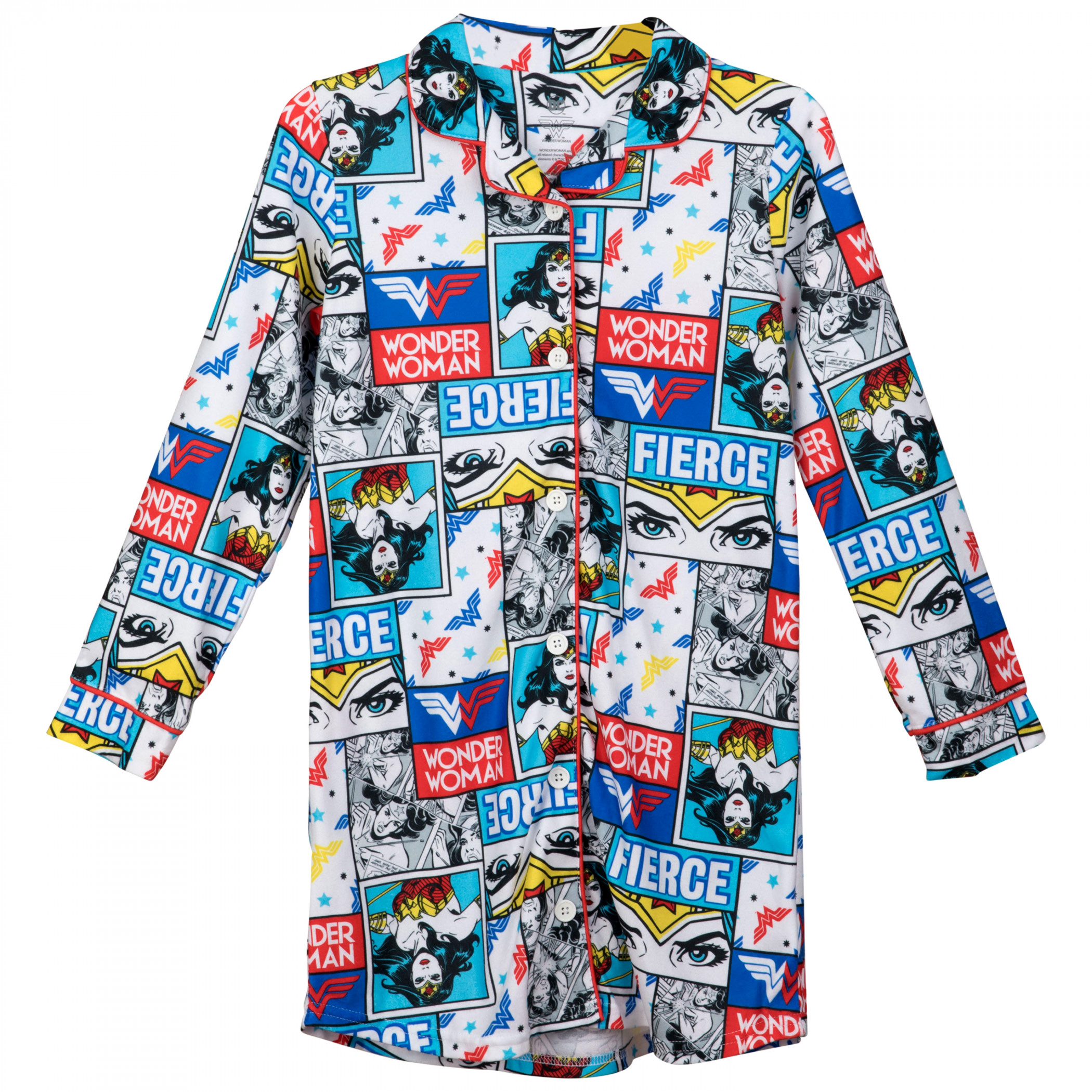 DC Comics Wonder Woman Comic Panel Print Girls Button-Up Pajama Shirt, Multi-Color