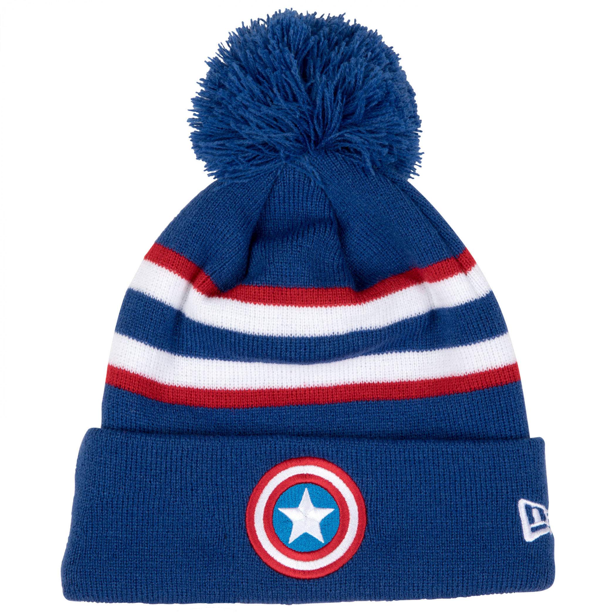 Captain America Red White and Blue Striped New Era Knit Pom Beanie, Blue
