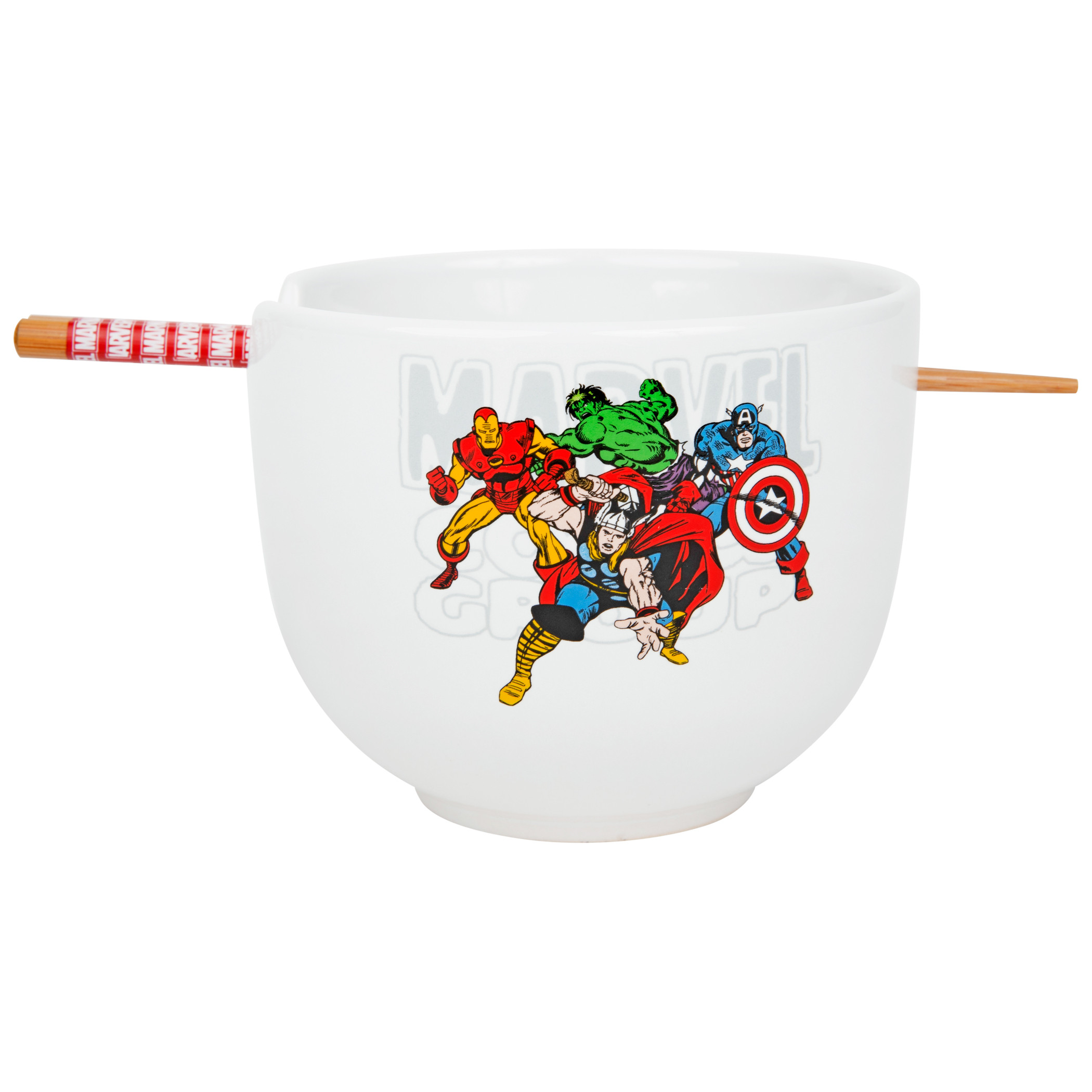 Marvel Comics Avengers Retro Group Ceramic Ramen Bowl w/ Chopsticks, White