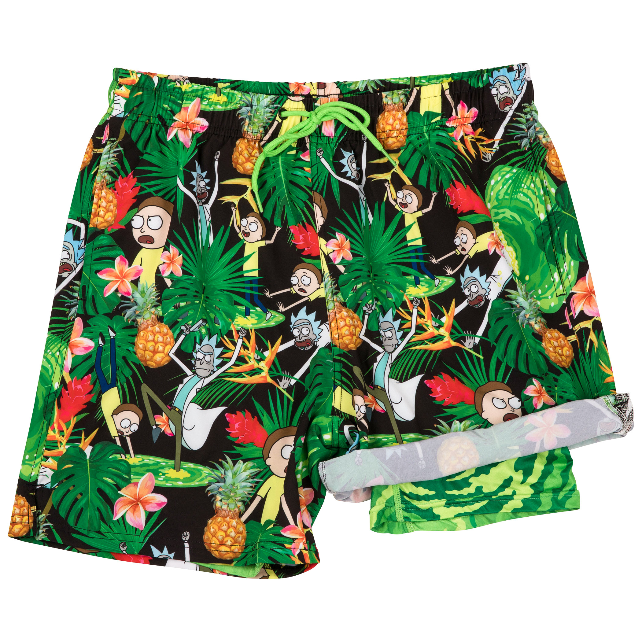 Rick And Morty Tropical Adventures 6' Inseam Lined Swim Trunks, Multi-Color