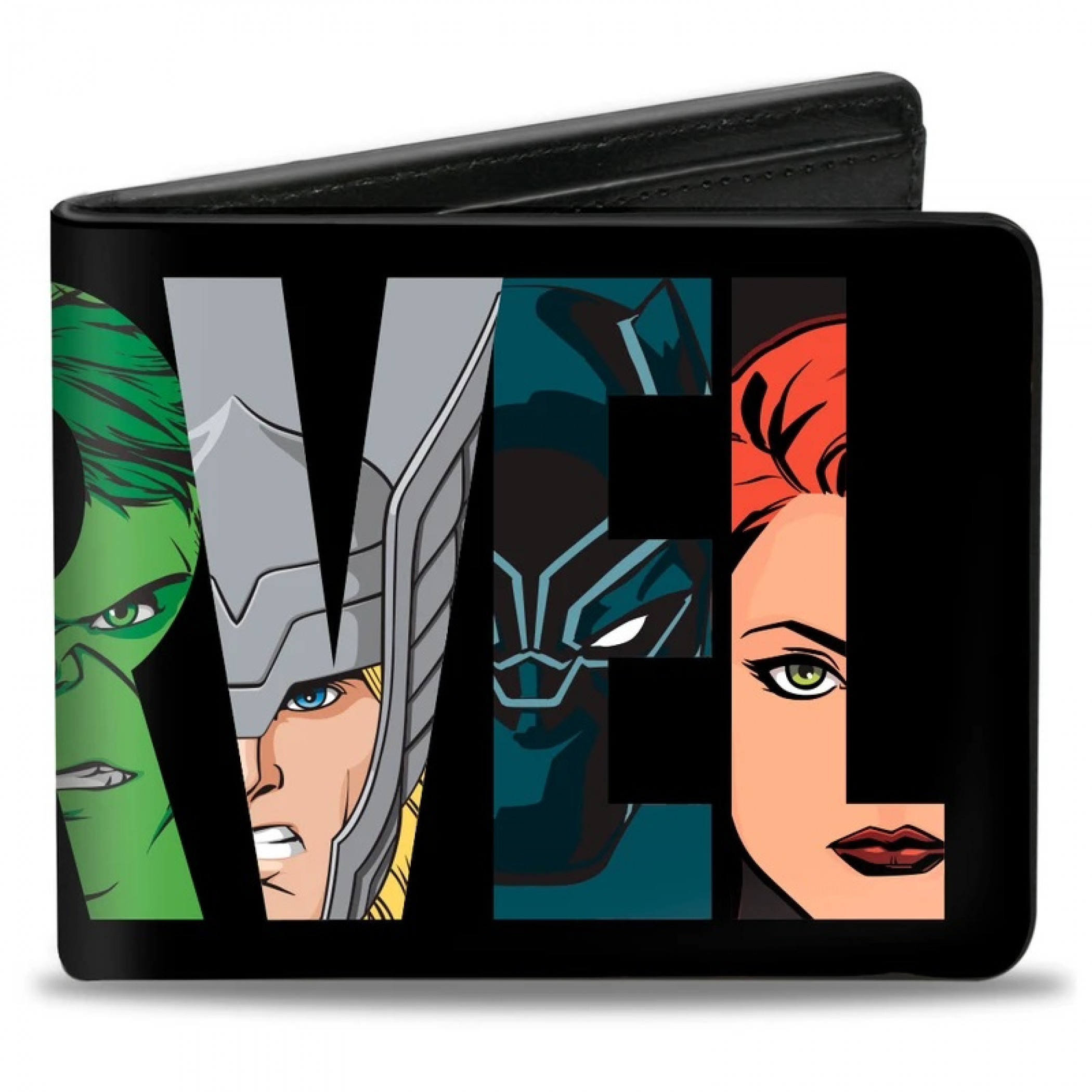 Marvel Avengers Characters Faces in Text Men's Bi-Fold Wallet, Black