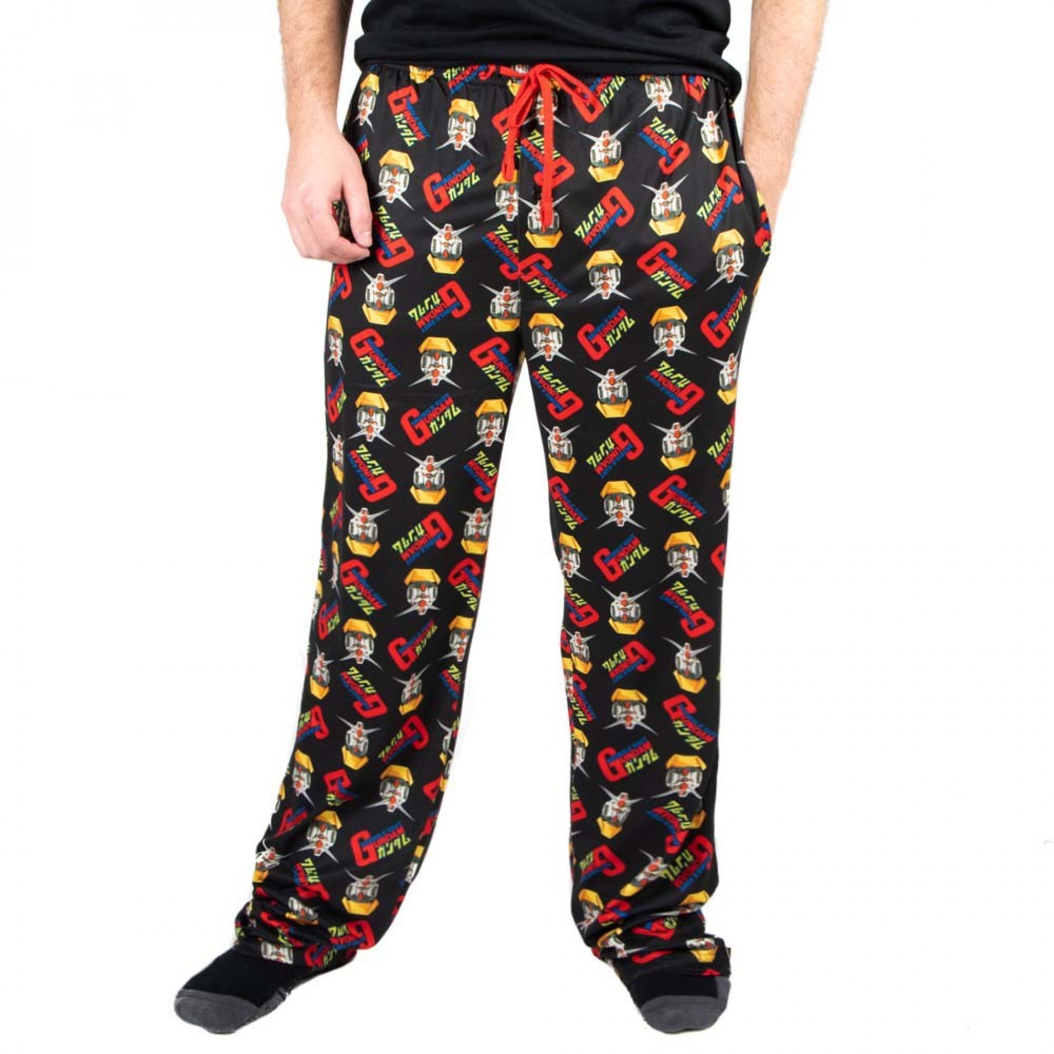 Gundam Character Head and Text All Over Print Sleep Pants, Black