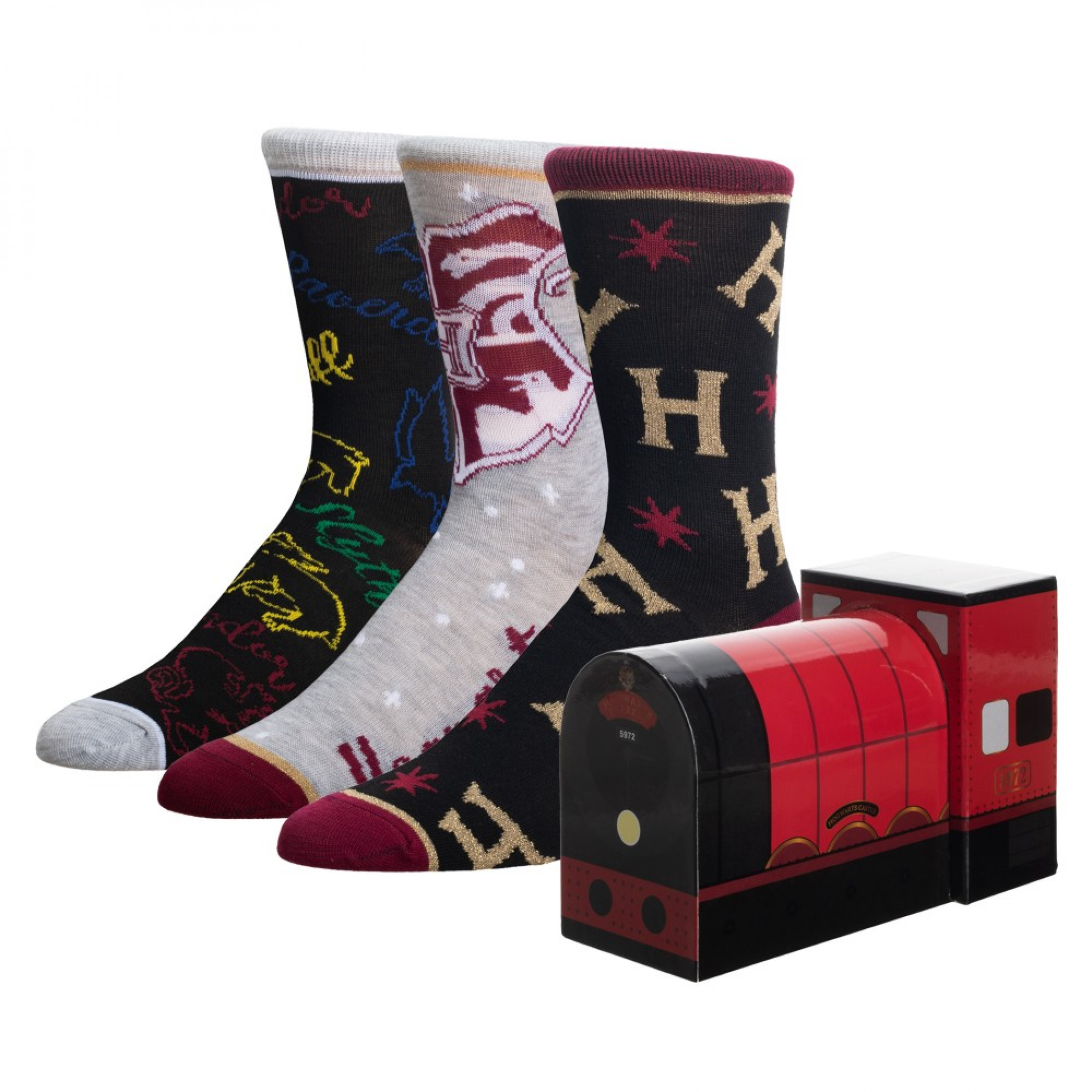 Harry Potter 3-Pair Pack Crew Socks Train Novelty Box Set, Multi-Color