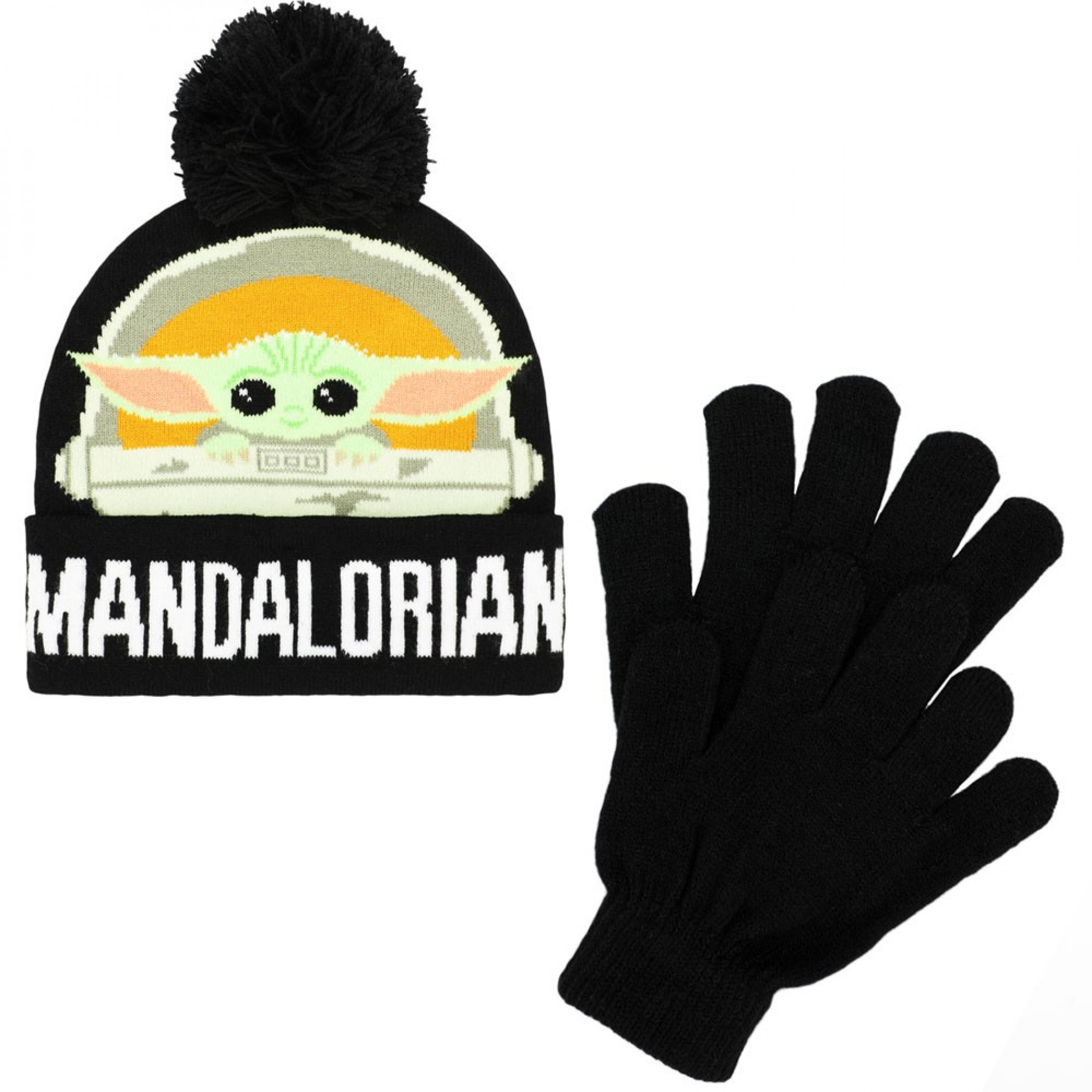 Star Wars The Mandalorian The Child Youth Cuff Pom Beanie & Gloves 2-Piece Winter Combo, Black