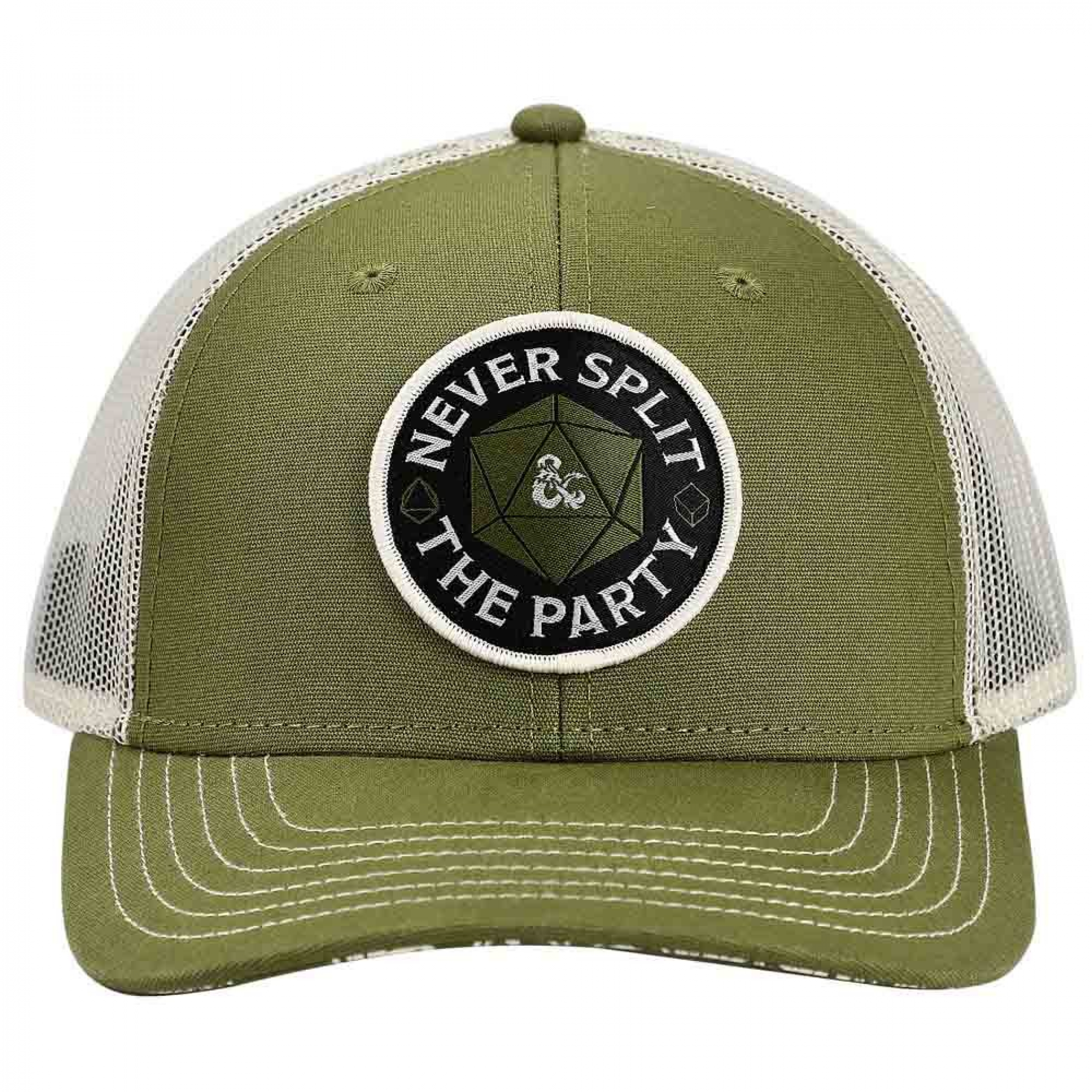 Dungeons & Dragons Never Split the Party w/ back Logo Snapback Trucker Hat, Green