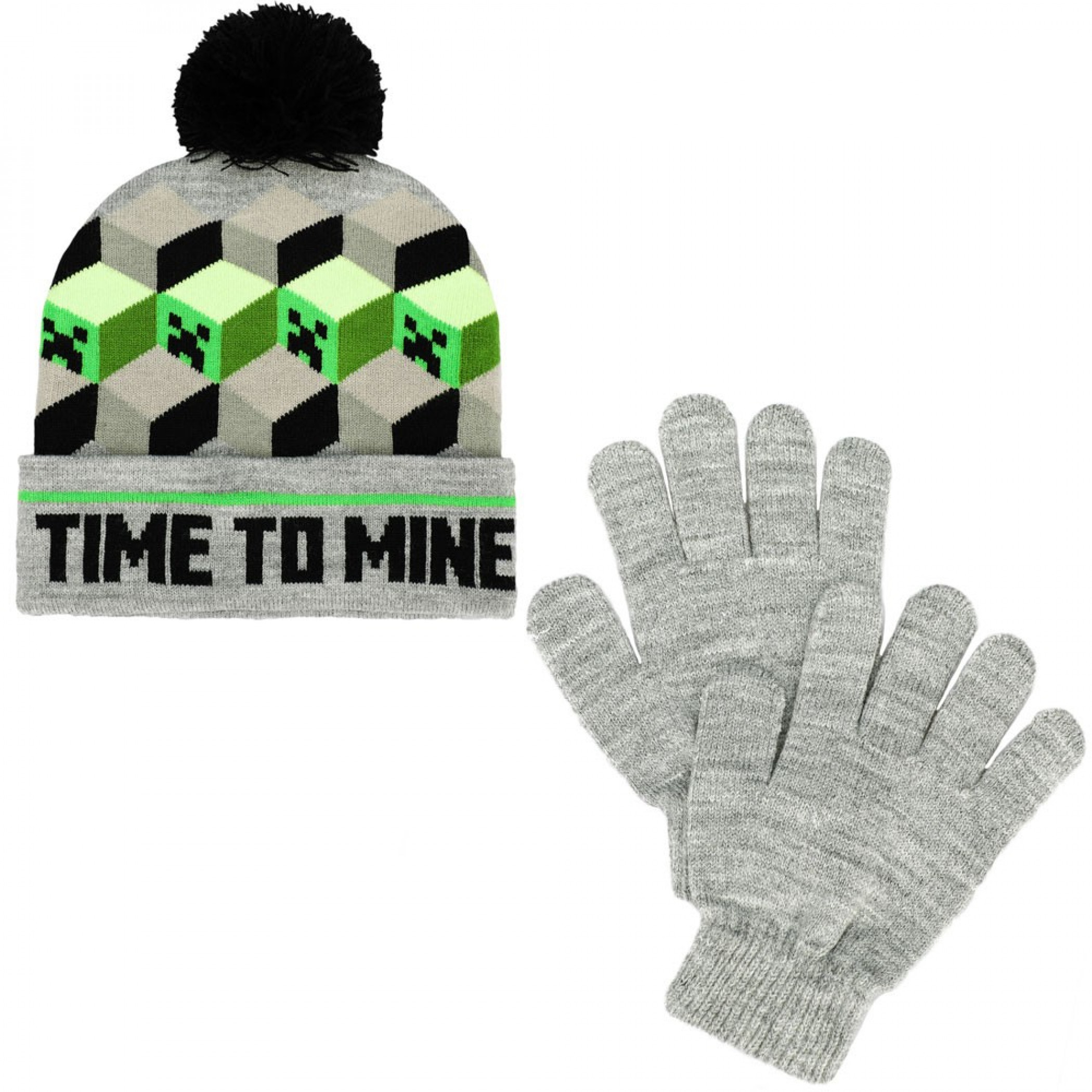 Minecraft Time To Mine Youth Pom Beanie & Gloves 2-Piece Winter Combo, Multi-Color