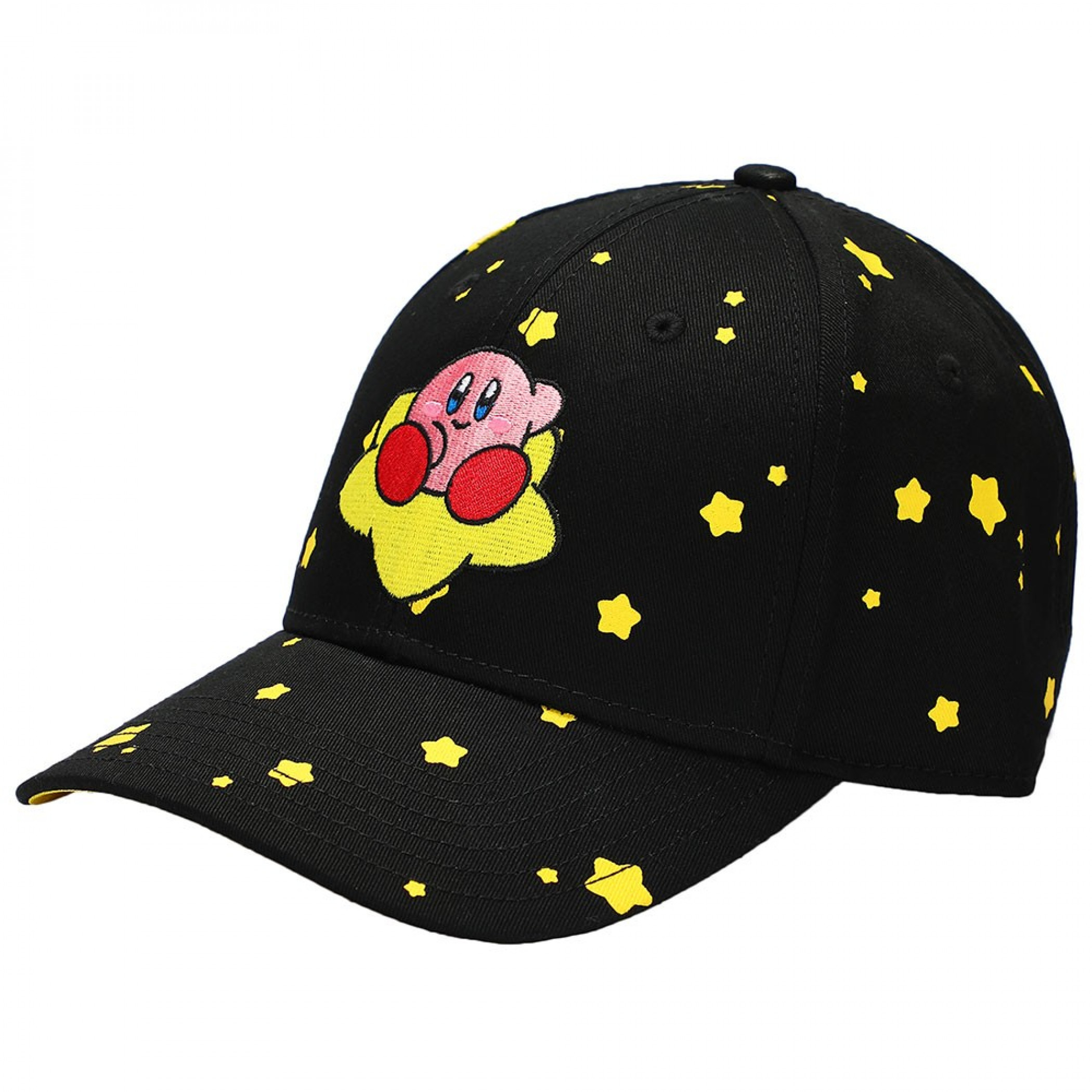 Kirby Stars Embroidered Pre-Curved Bill Snapback Hat, Black