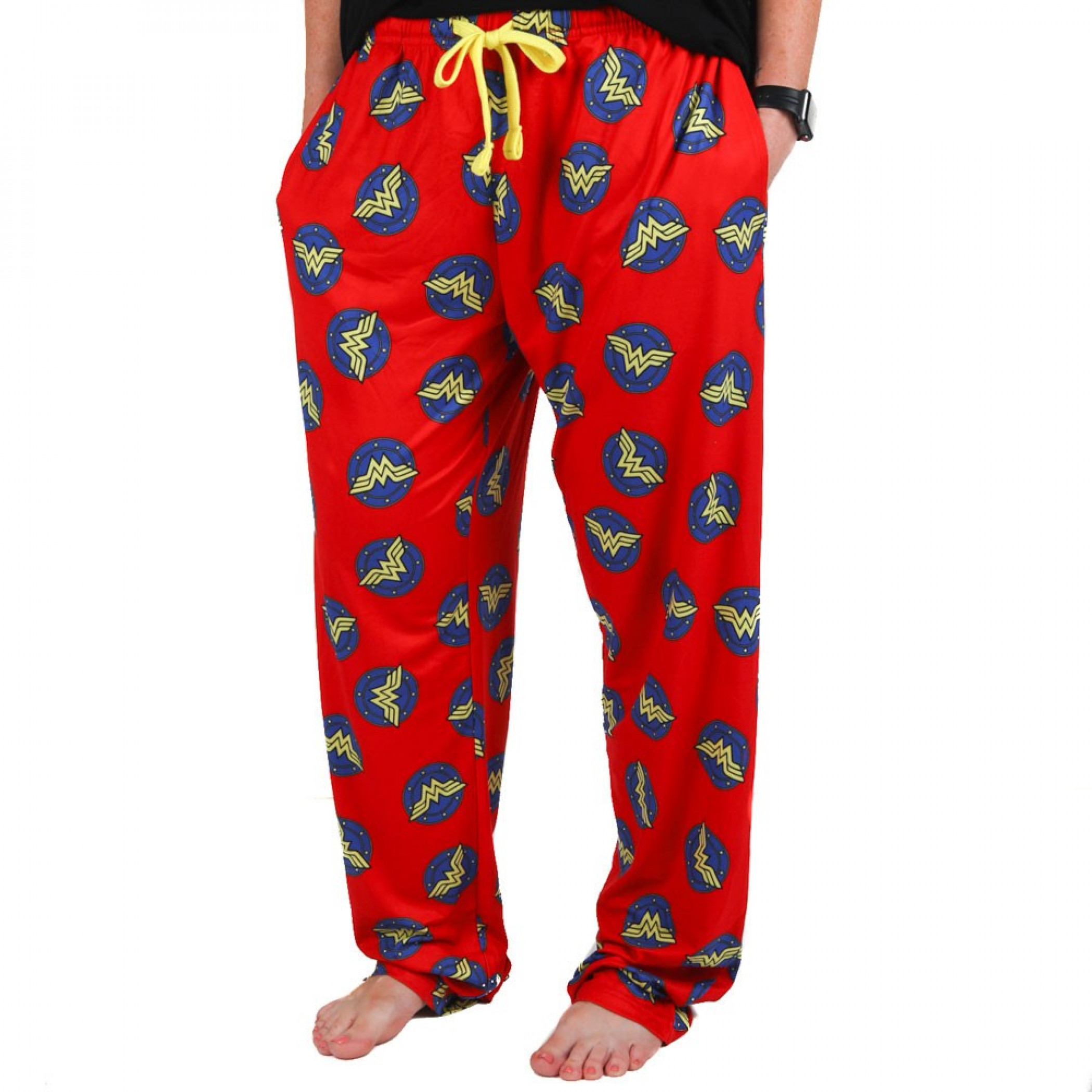 Wonder Woman Blue and Yellow Classic Logos All Over Unisex Pajama Pants, Red