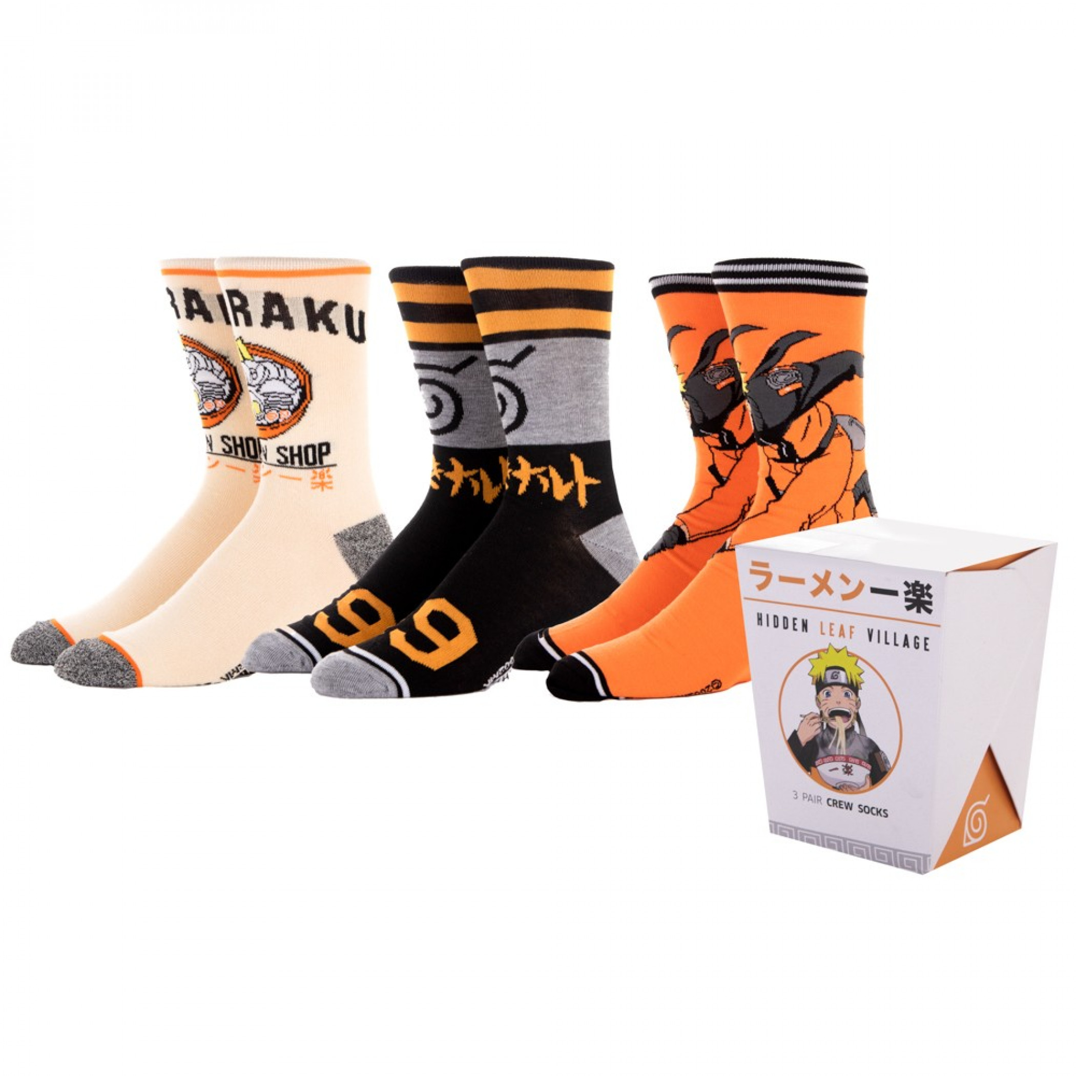 Naruto Ramen Crew Socks 3-Pair Takeout Box Set, Multi-Color