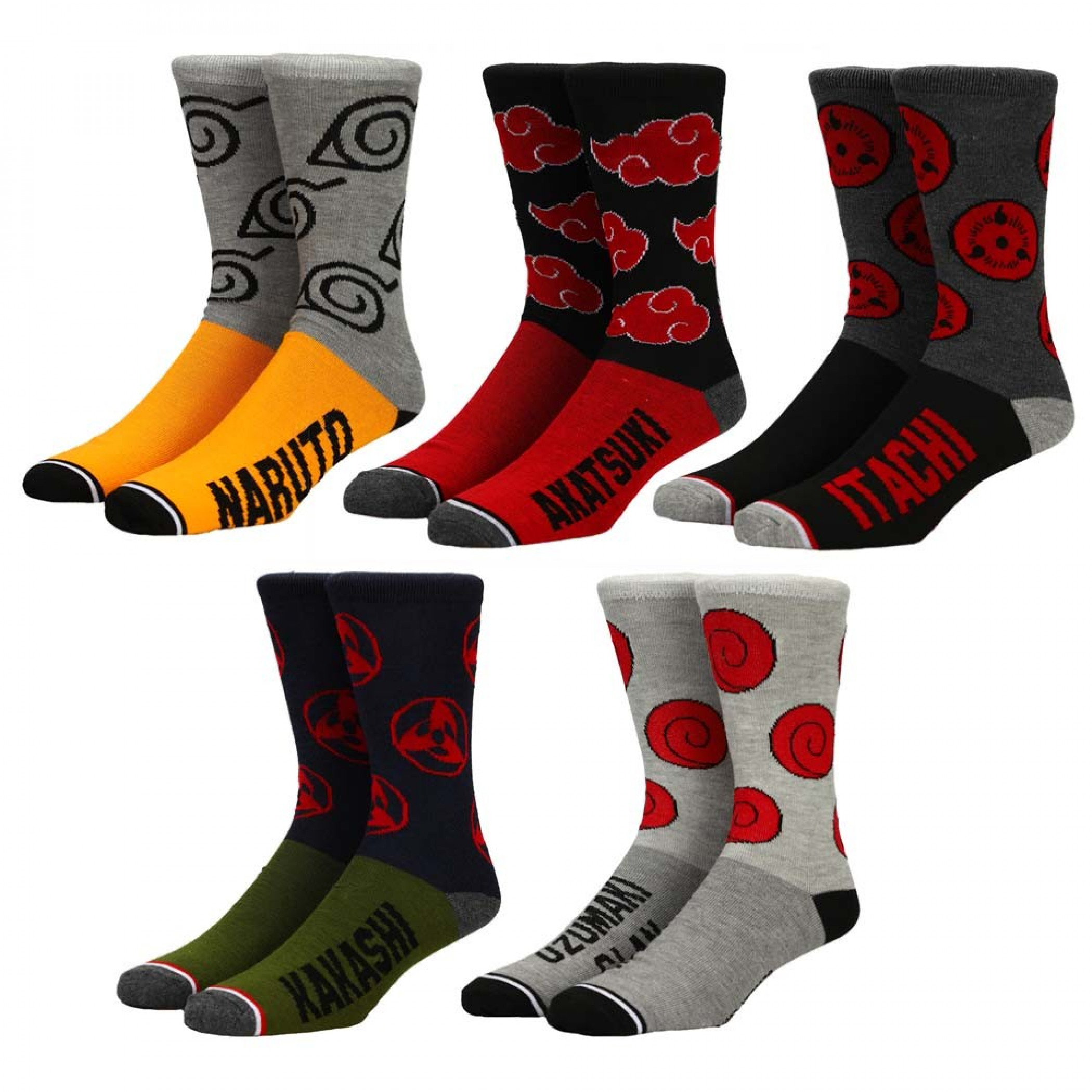 Naruto Split Color 5 Pair Pack Crew Socks, Multi-Color