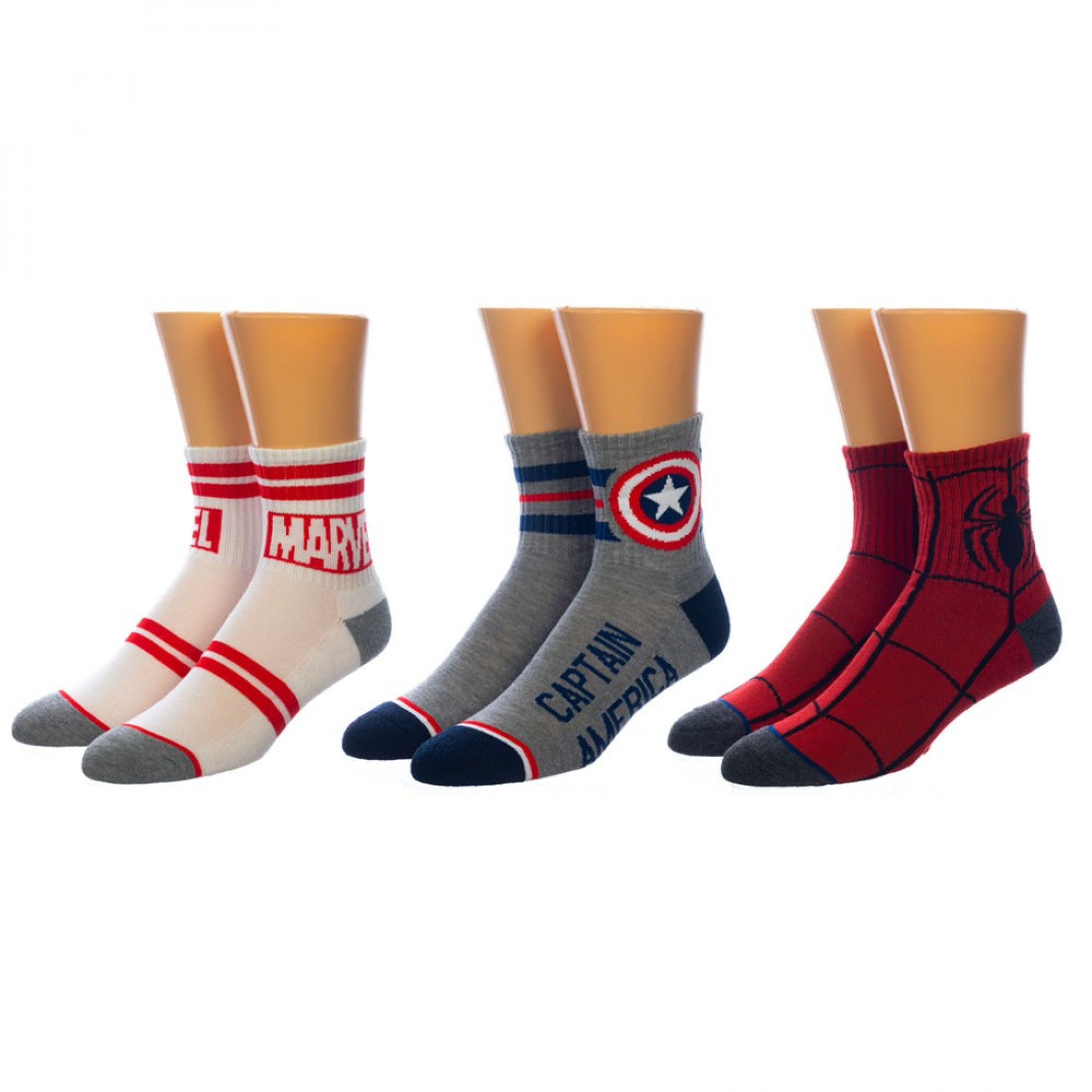 Marvel Captain America and Spider-Man Logo 3-Pair Pack of Quarter Crew Socks, Multi-Color