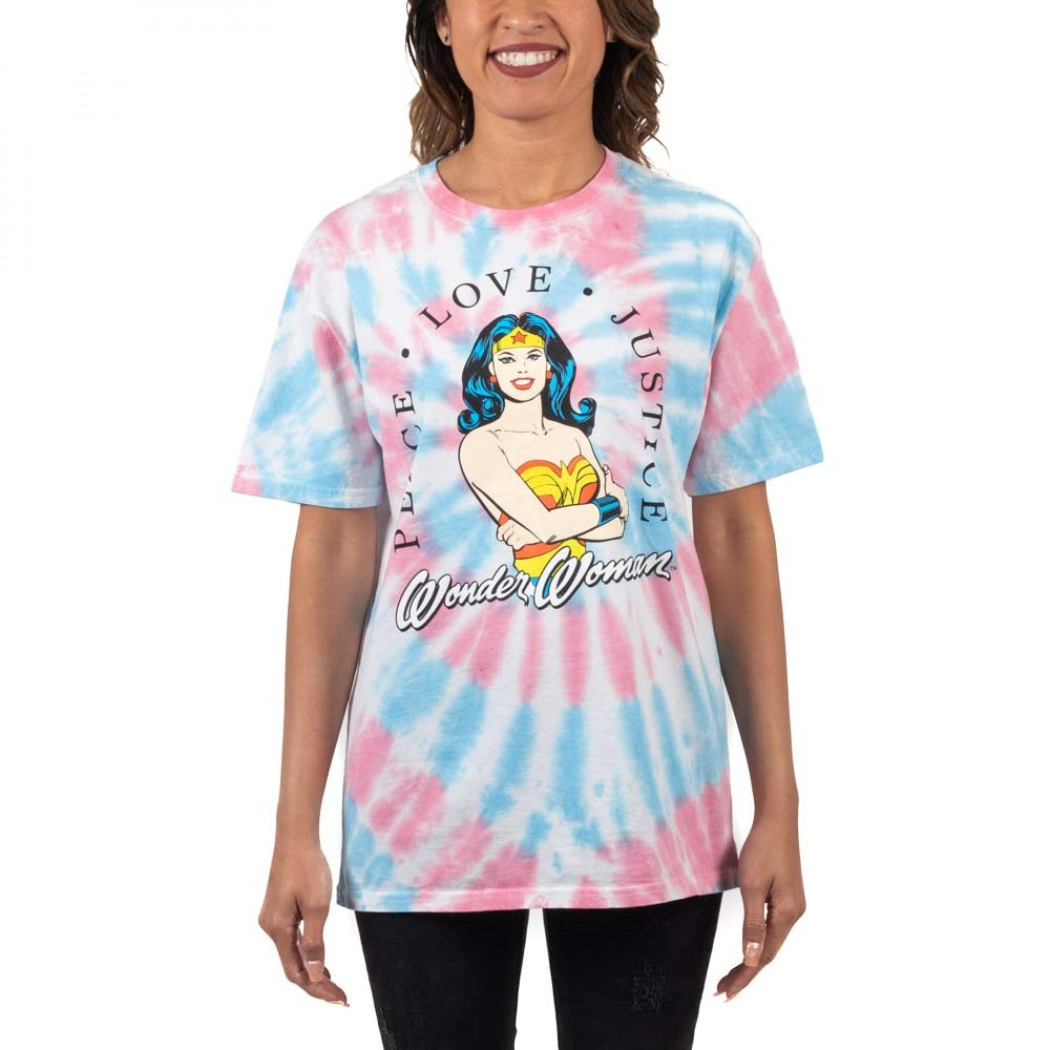 Wonder Woman Character Peace Love and Justice Tie Dye T-Shirt, Multi-Color