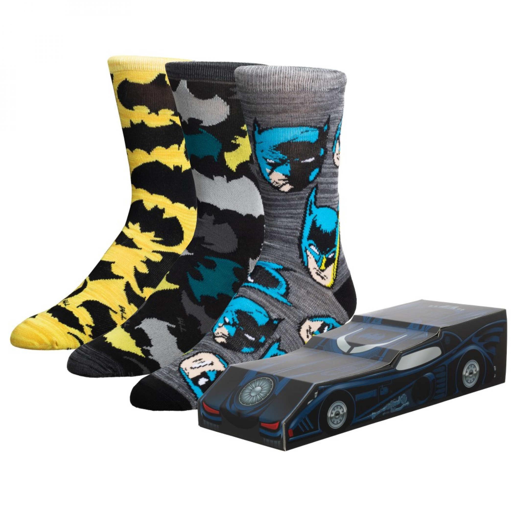 Batman 3-Pack Crew Socks Batmobile Box Set, Multi-Color