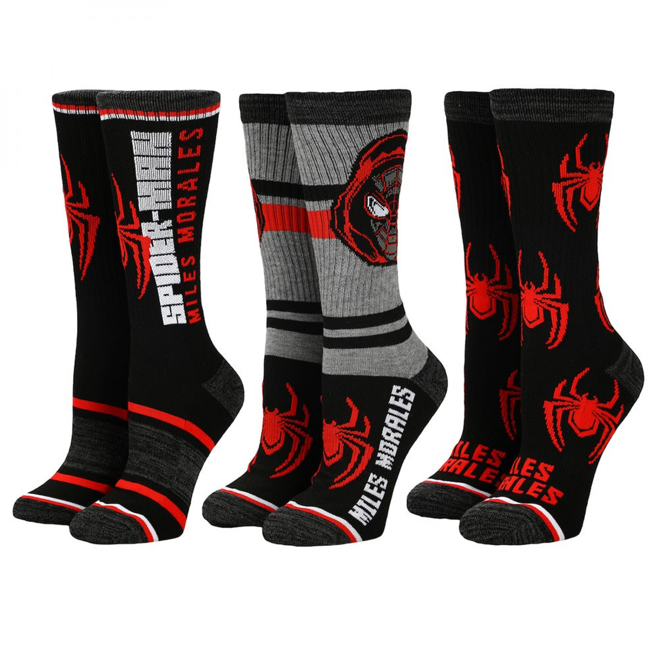 Marvel Miles Morales 360 Character 3-Pair Pack of Crew Socks, Multi-Color