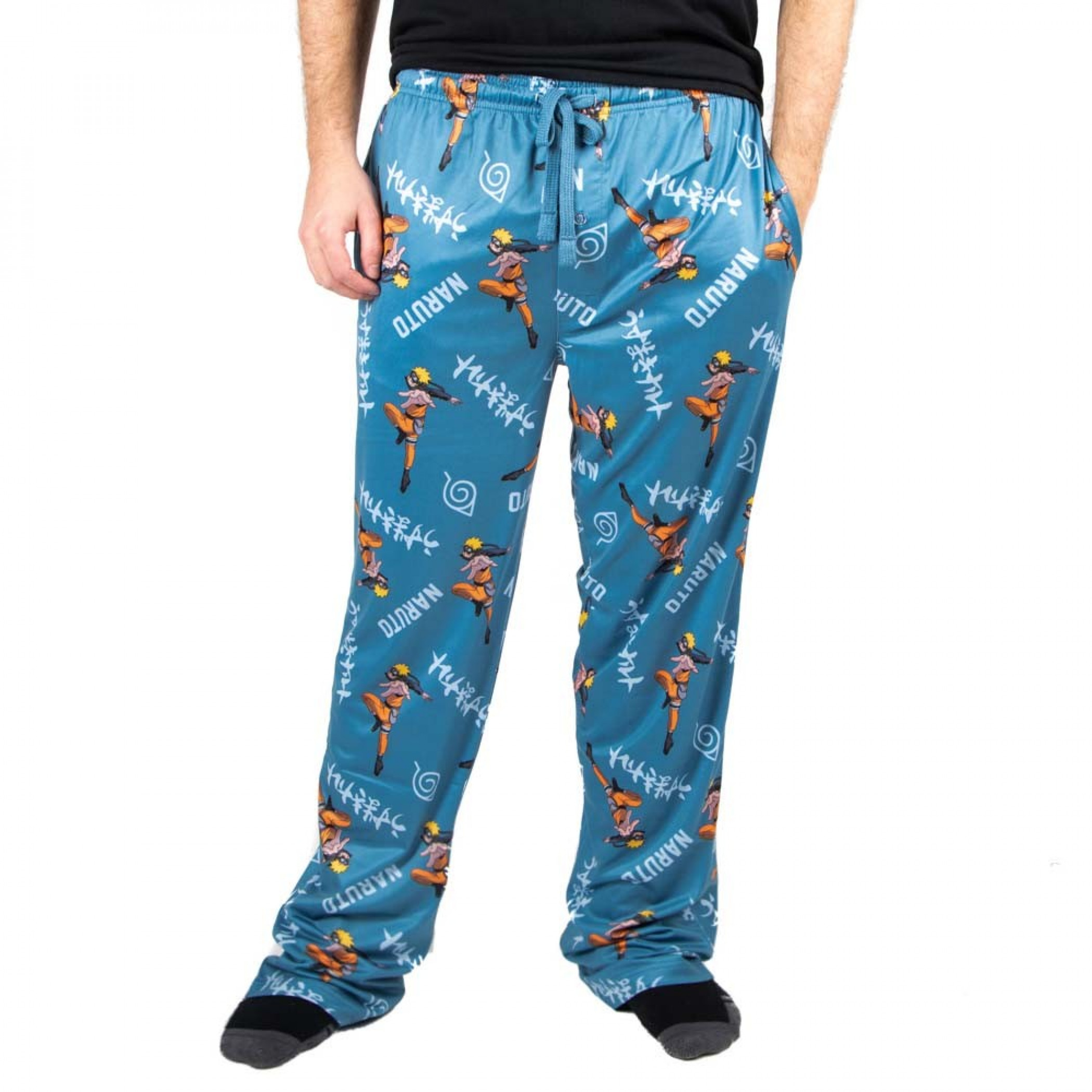 Naruto Character and Text All Over Print Sleep Pants, Blue