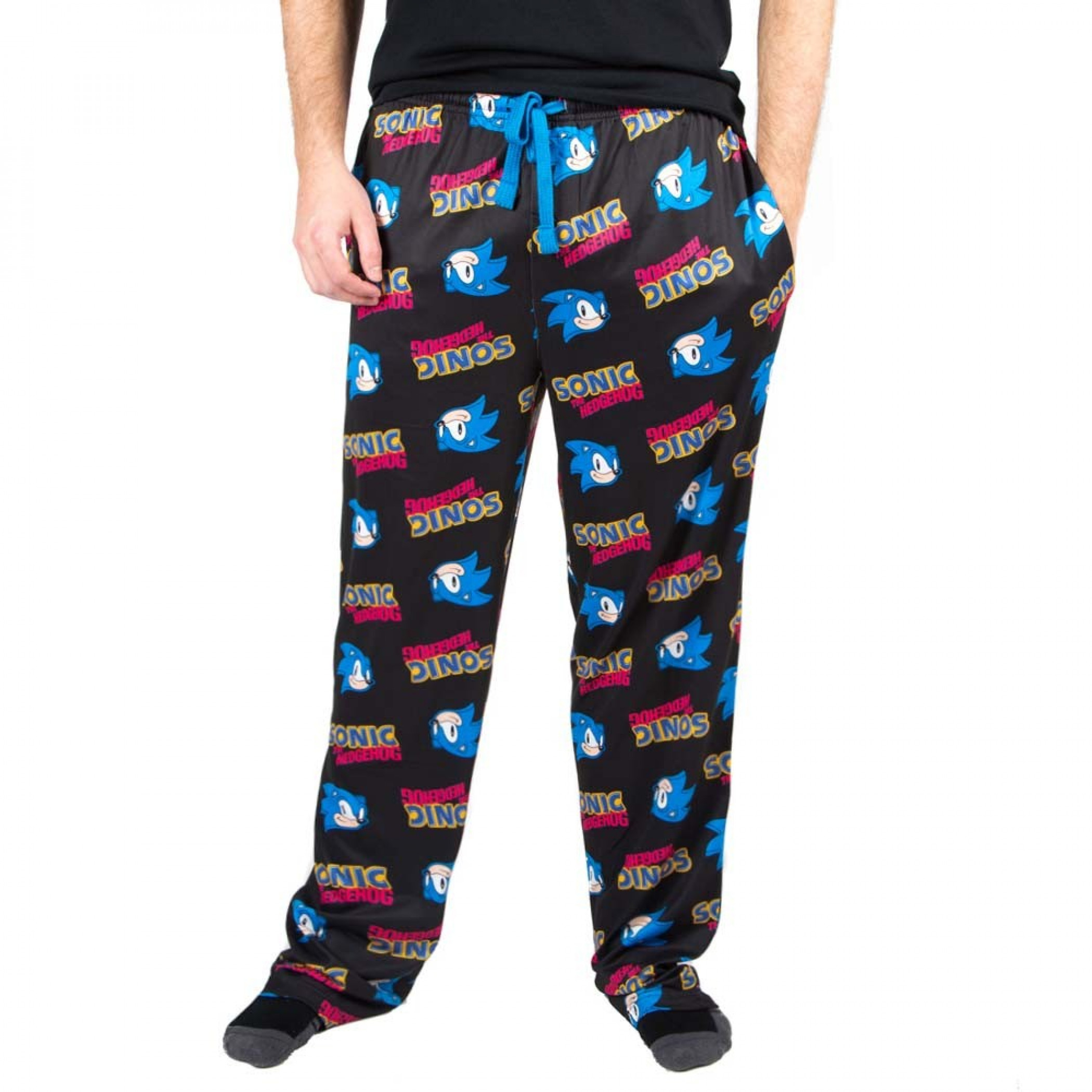 Sonic The Hedgehog Character Head and Text All Over Print Sleep Pants, Black