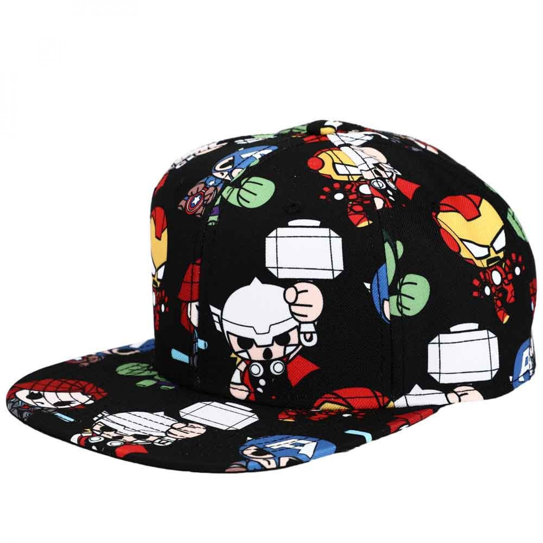 Marvel Avengers Chibi Flat Bill Adjustable Snapback Hat, Black