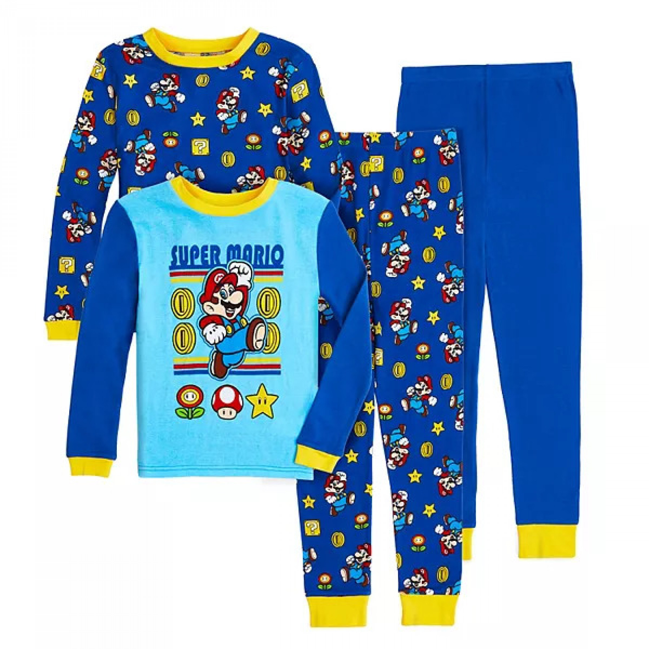 Nintendo Super Mario Jump Youth 4-Piece Long Sleeve Pajama Set, Blue