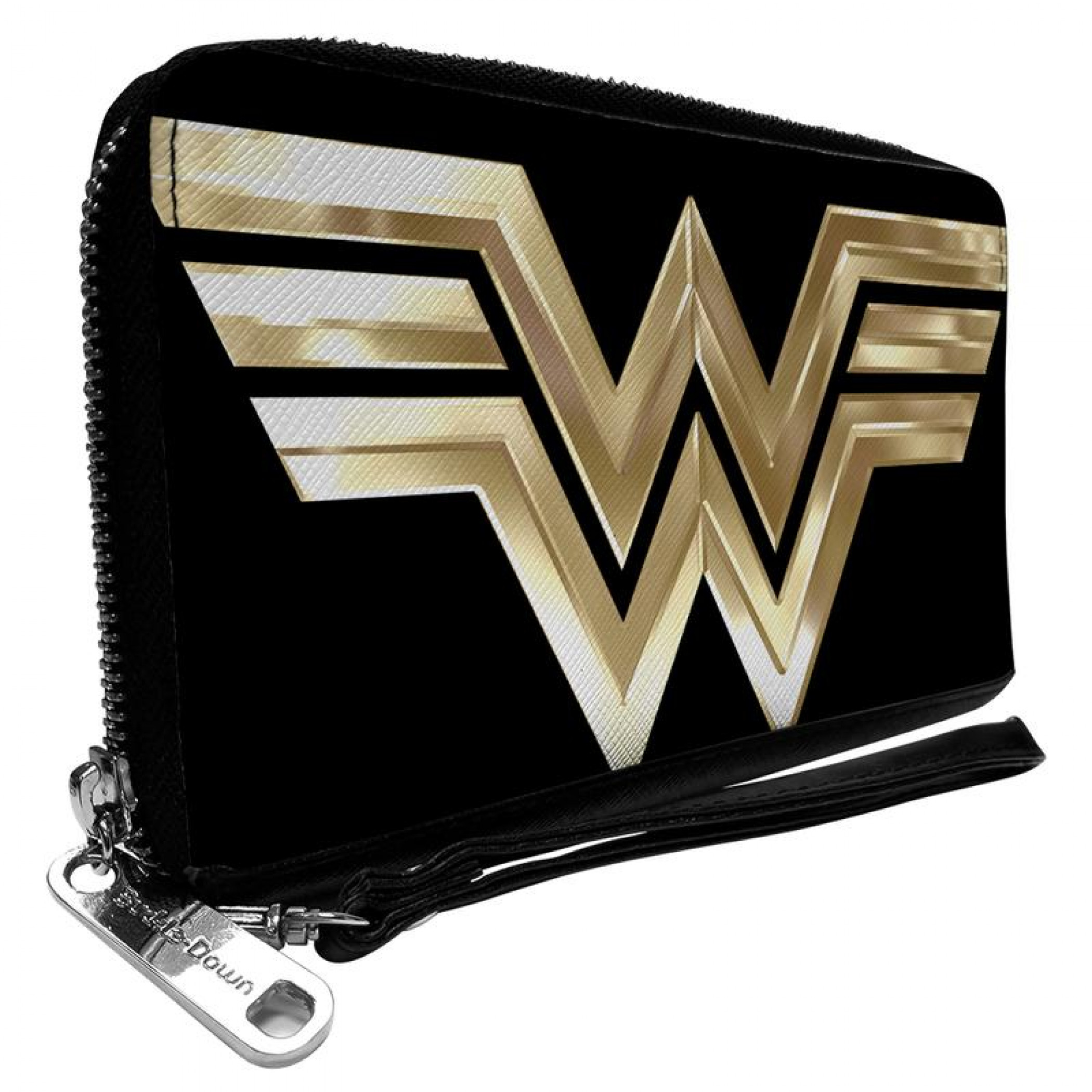 Wonder Woman 1984 Gold Logo Faux Leather Zip Around Wallet, Black