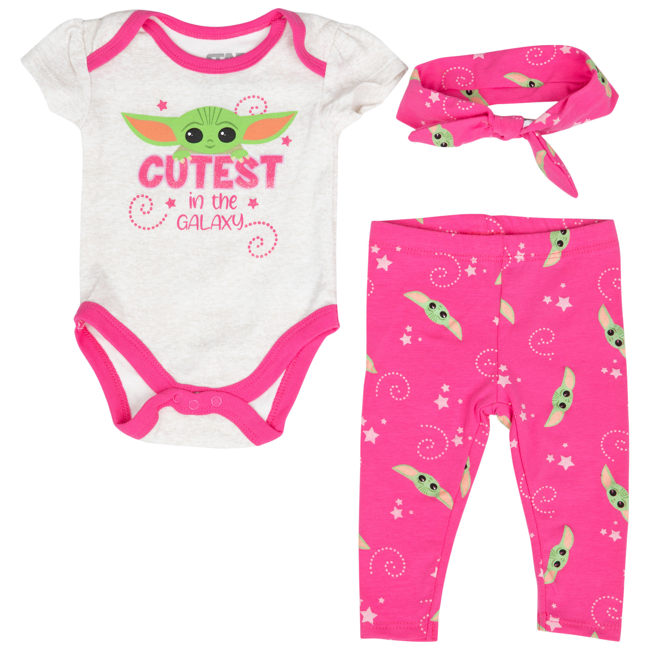 Star Wars The Child Grogu Girls 3-Piece Bodysuit Set With Headband, Pink