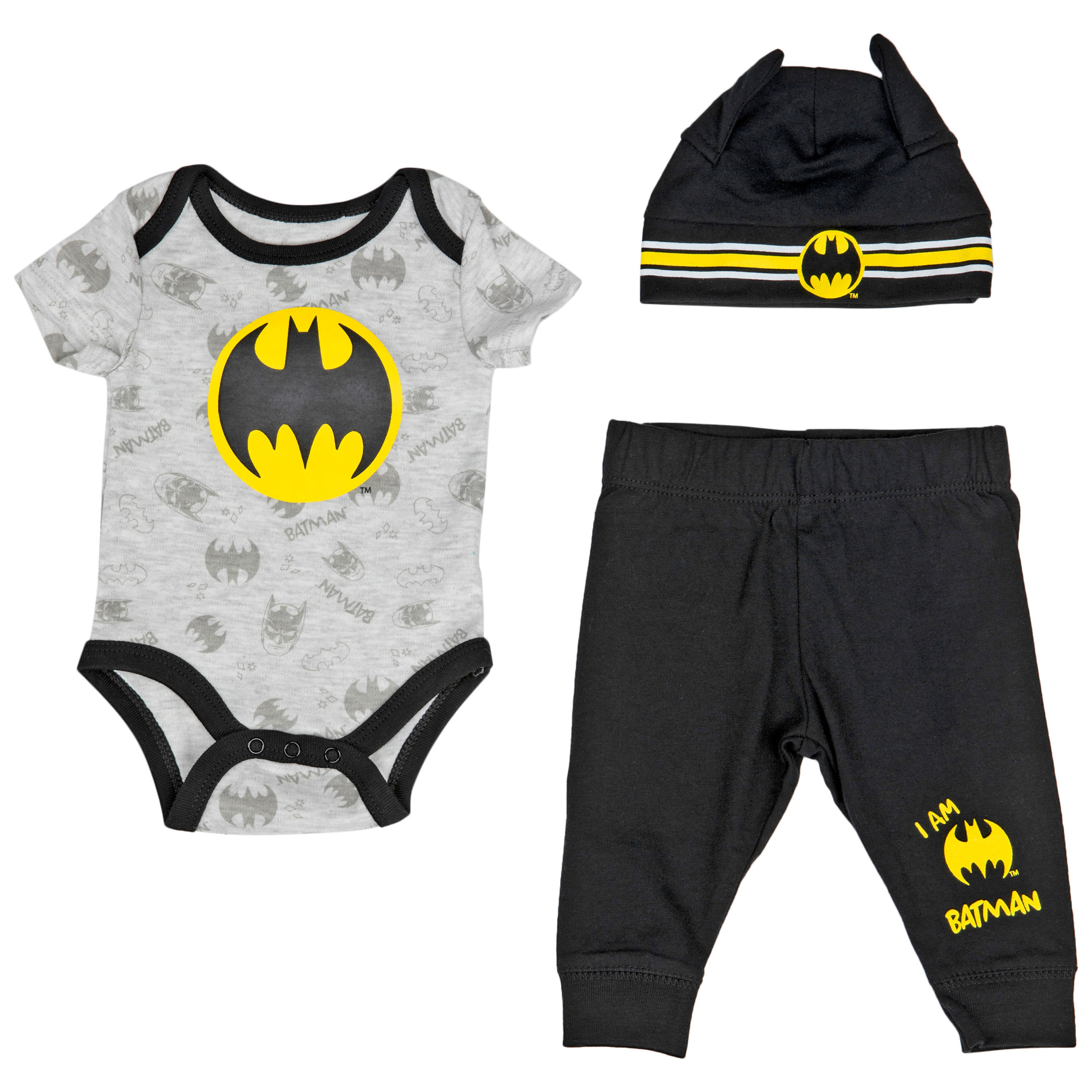Batman I Am Batman w/Logo 3-Piece Bodysuit Set & Cap, Multi-Color