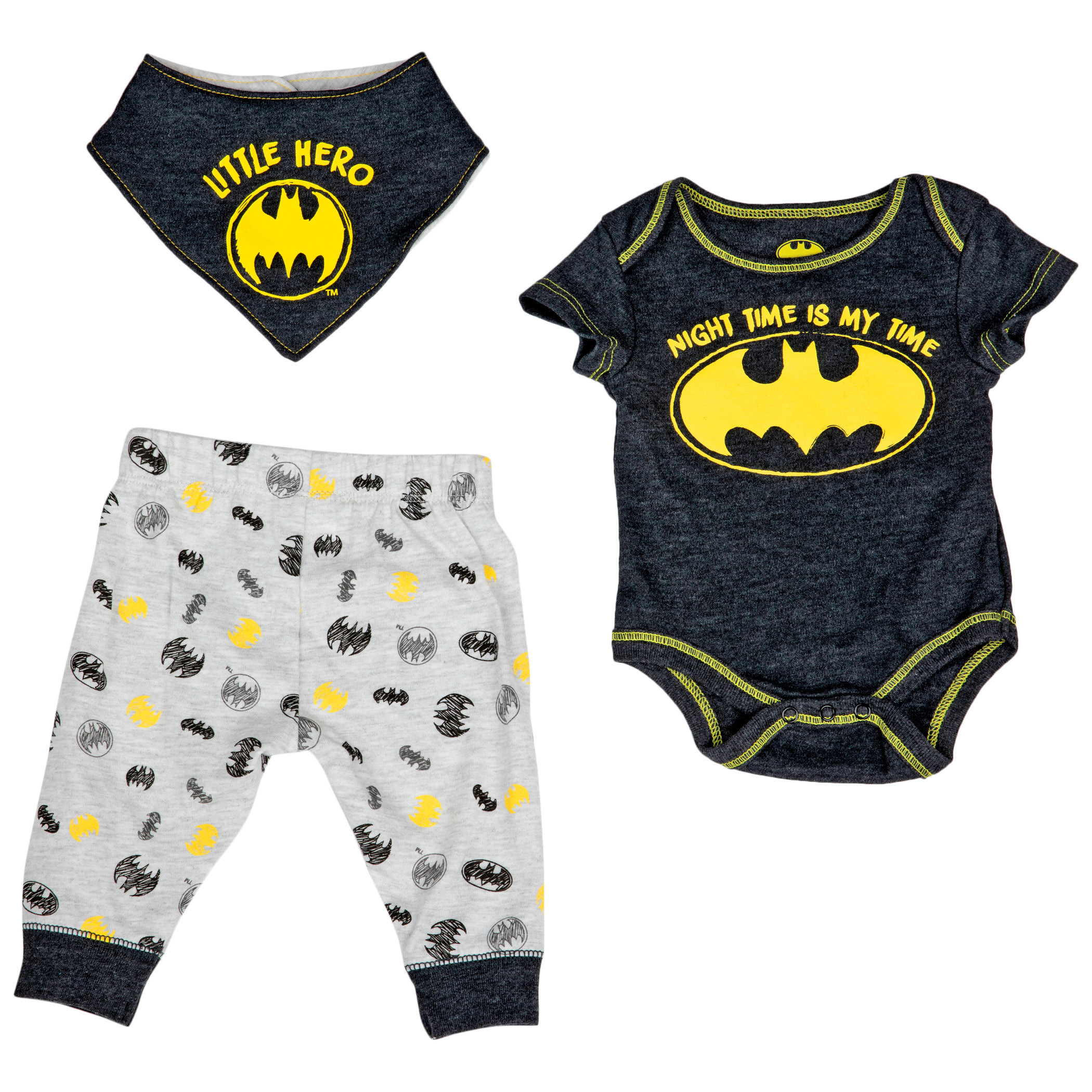 Batman Night Is My Time 3-Piece Infant Bodysuit Pant and Bib Set, Multi-Color