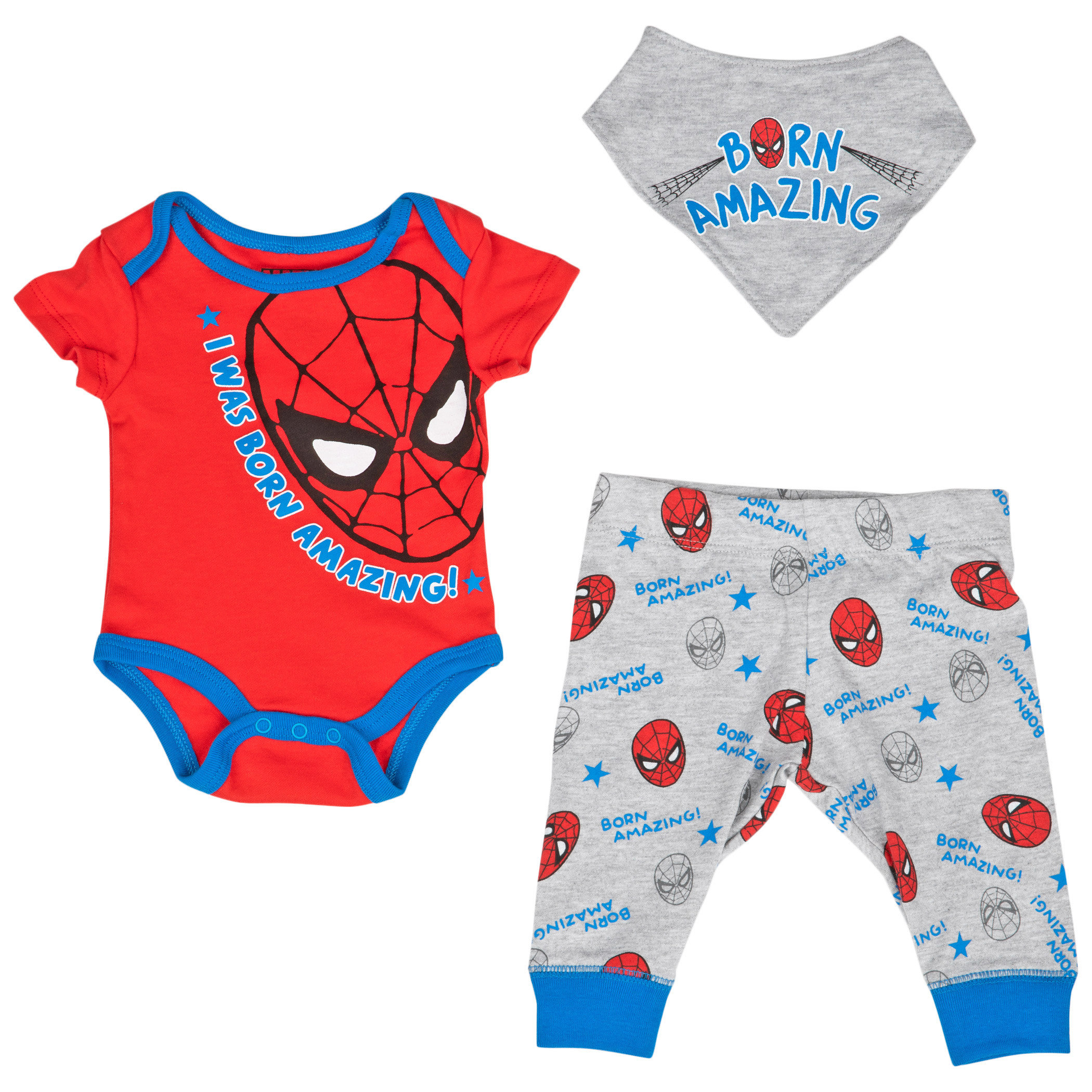 Spider-Man I was Born Amazing 3-Piece Bodysuit Pant and Bib Set, Multi-Color