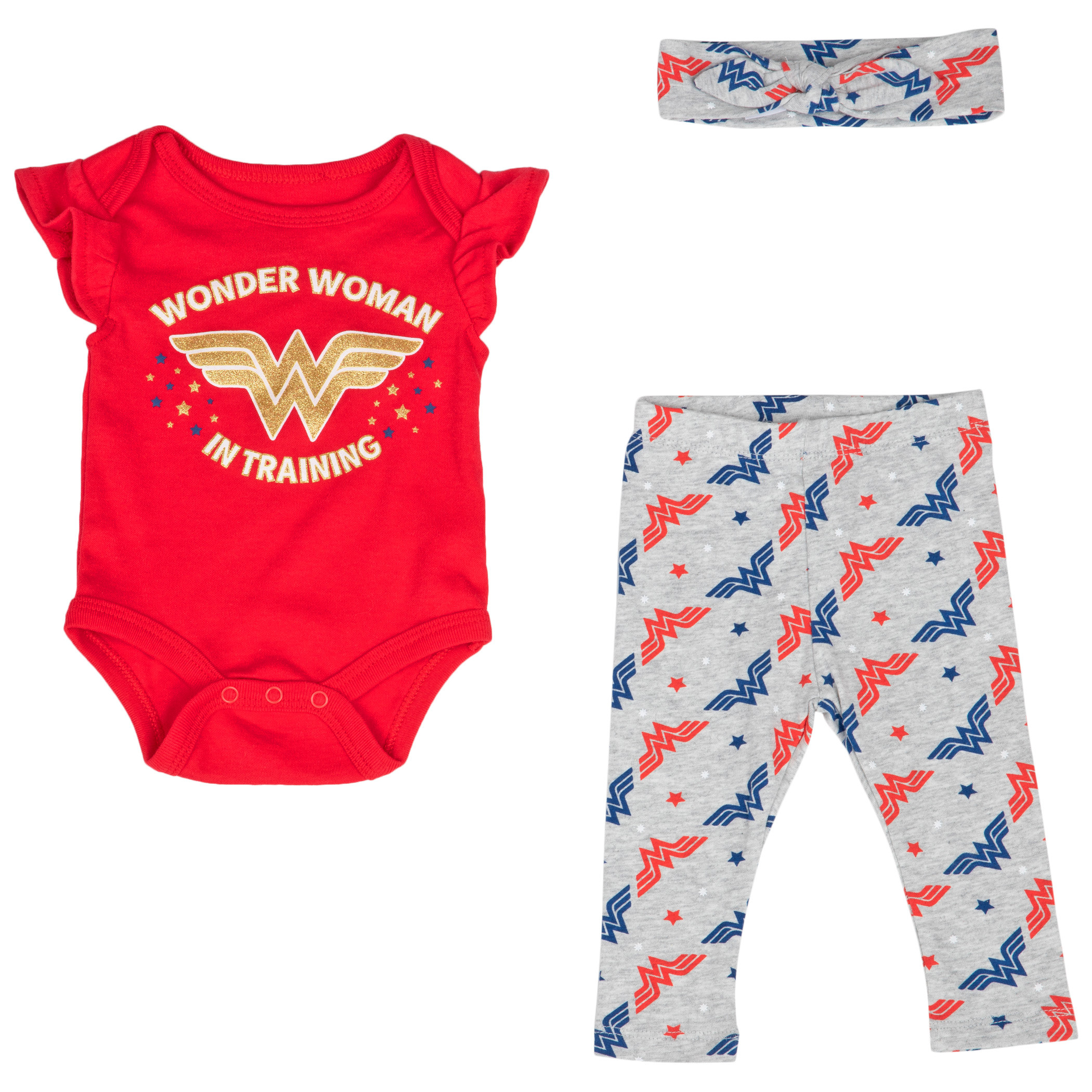 Wonder Woman Logo 3-Piece Bodysuit and Pants Set w/ Headband, Multi-Color