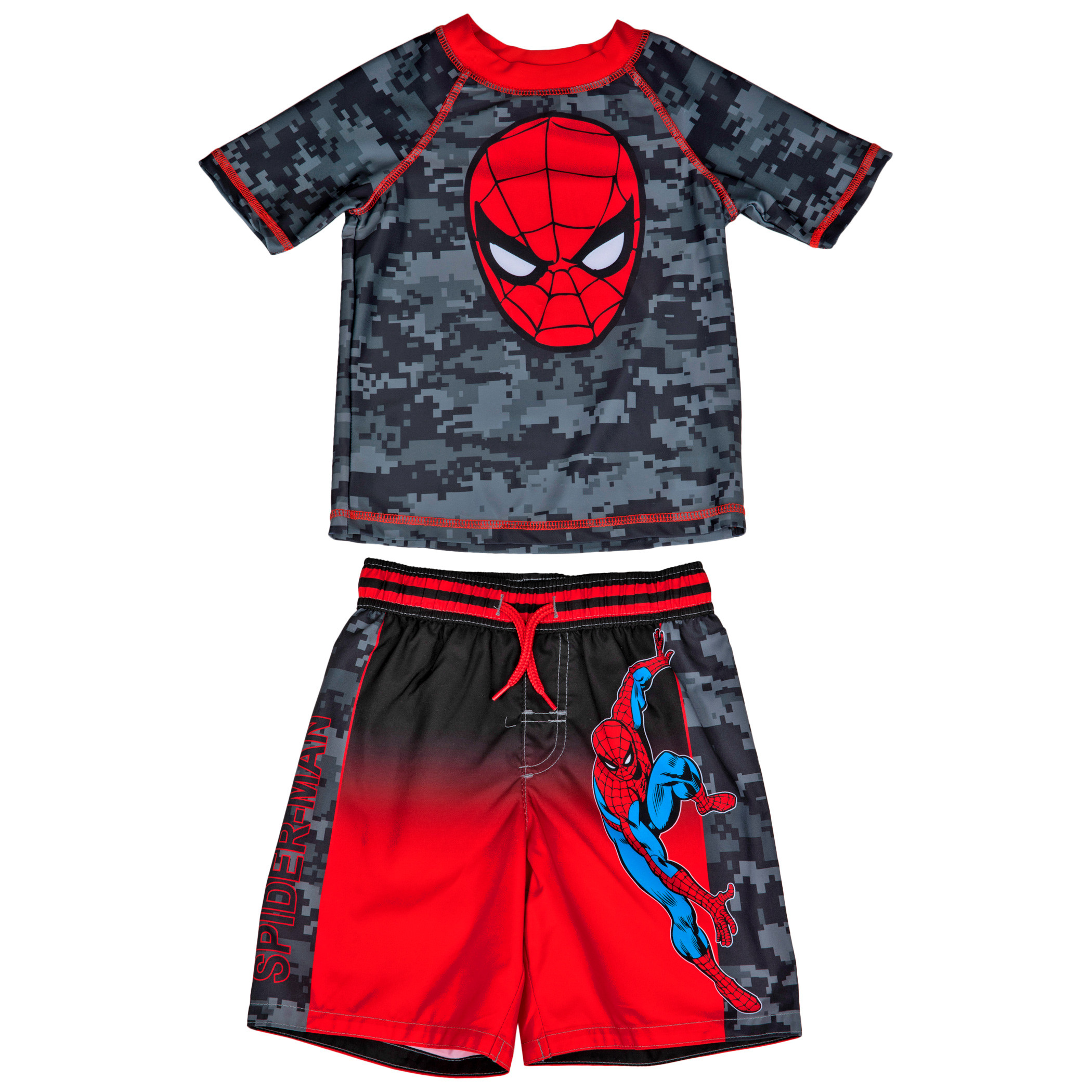 Spider-Man Face Logo with Camo Youth Swimshorts & Rashguard Set, Red
