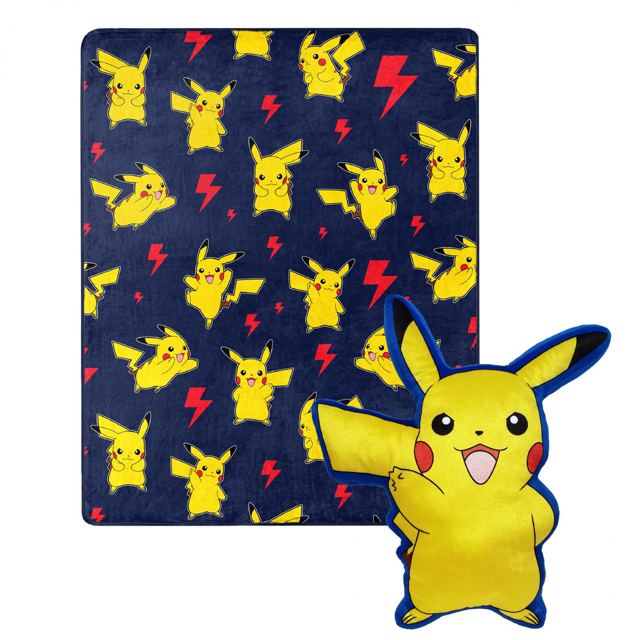 Pokemon Pikachu Lightning Zap 40 x 50 Silk Touch with Plush Hugger, Blue