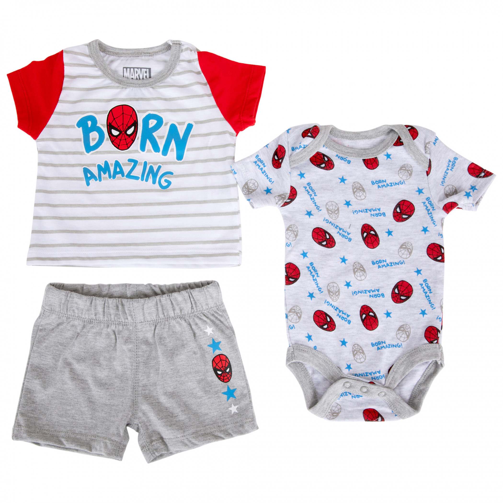 Spider-Man Born Amazing Infant 3-Piece Shirt  Shorts  and Bodysuit Set, Multi-Color