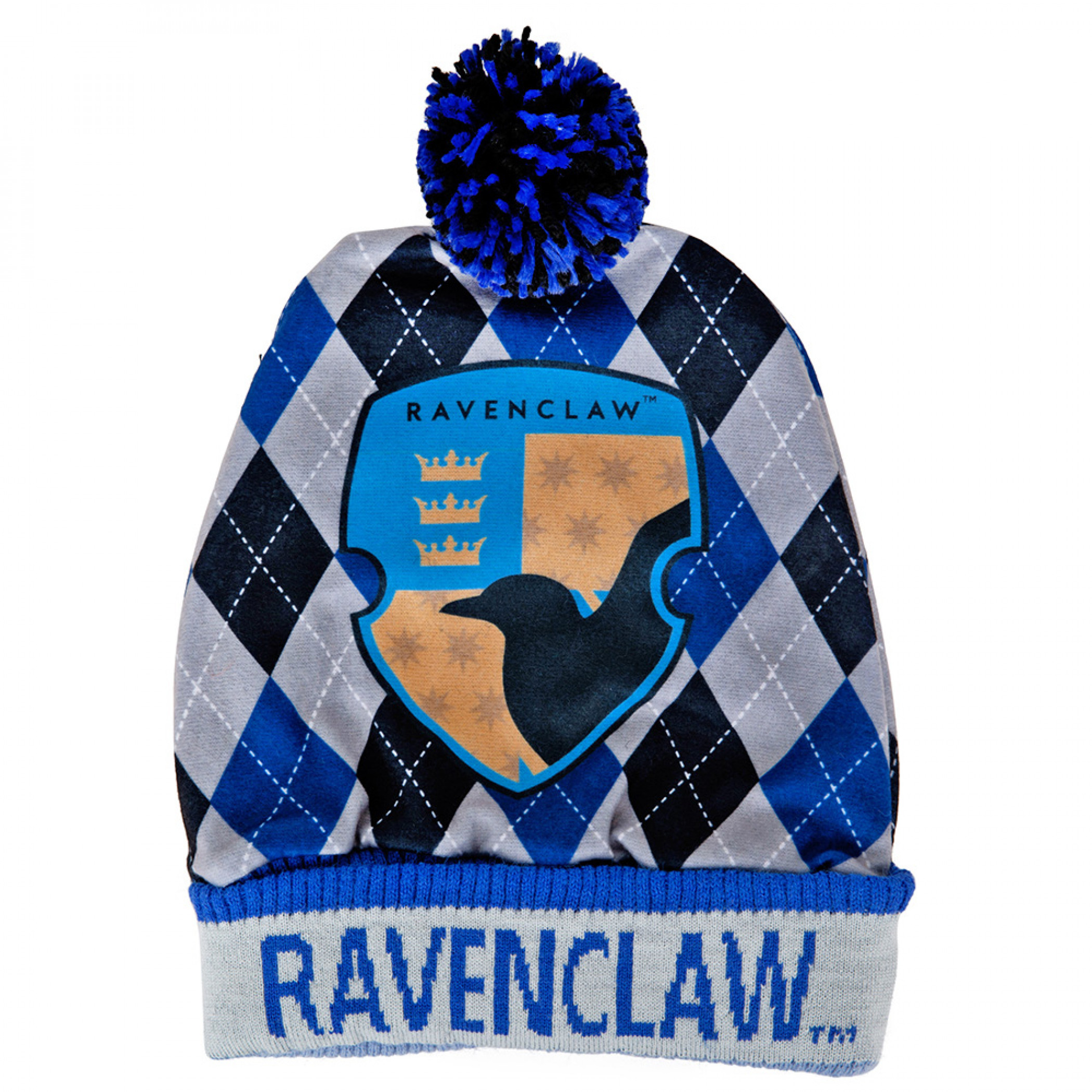Harry Potter Hogwarts House Ravenclaw Crest Pom Cuff Beanie, Blue