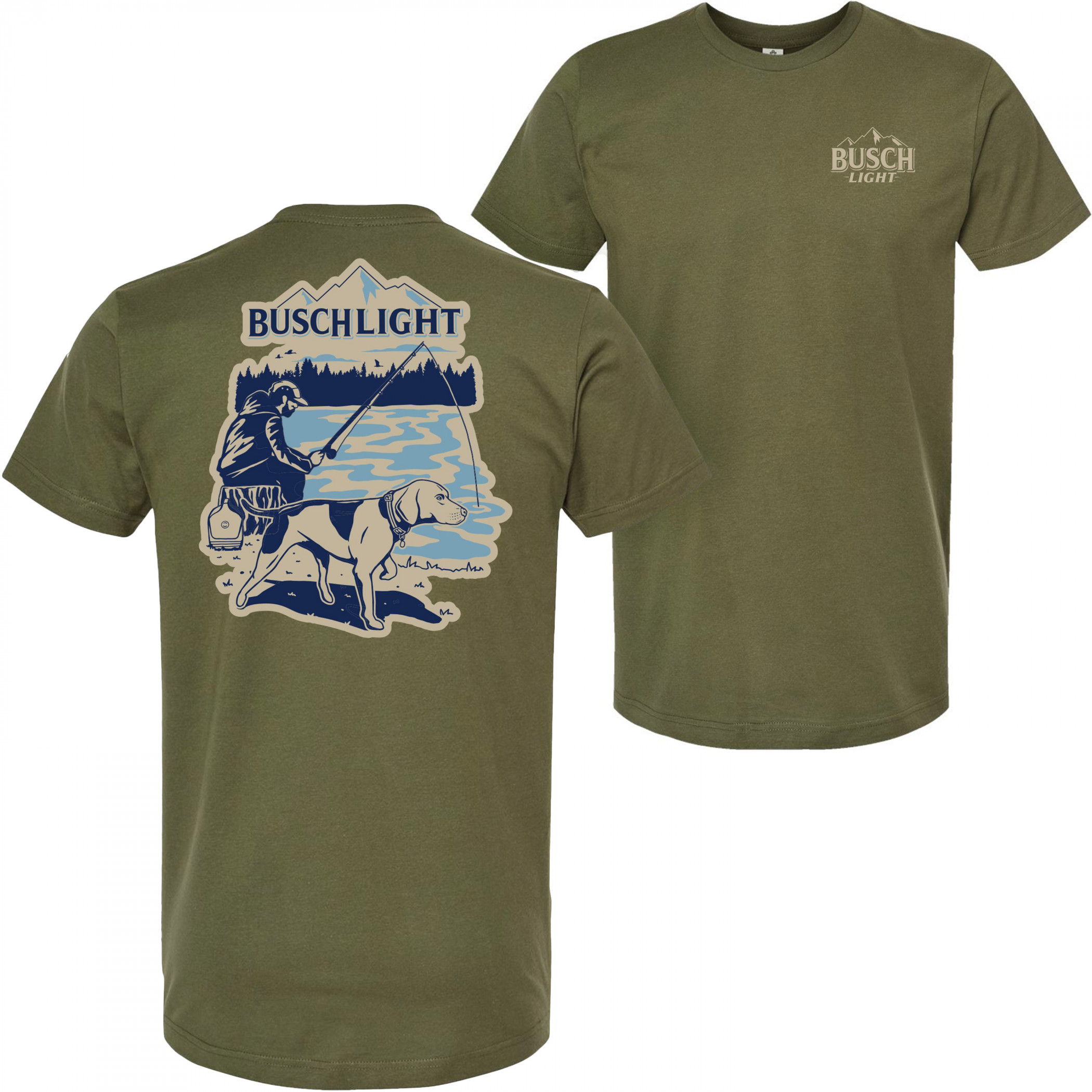 Busch Light Fishing with Friends Olive Front Back Print T-Shirt