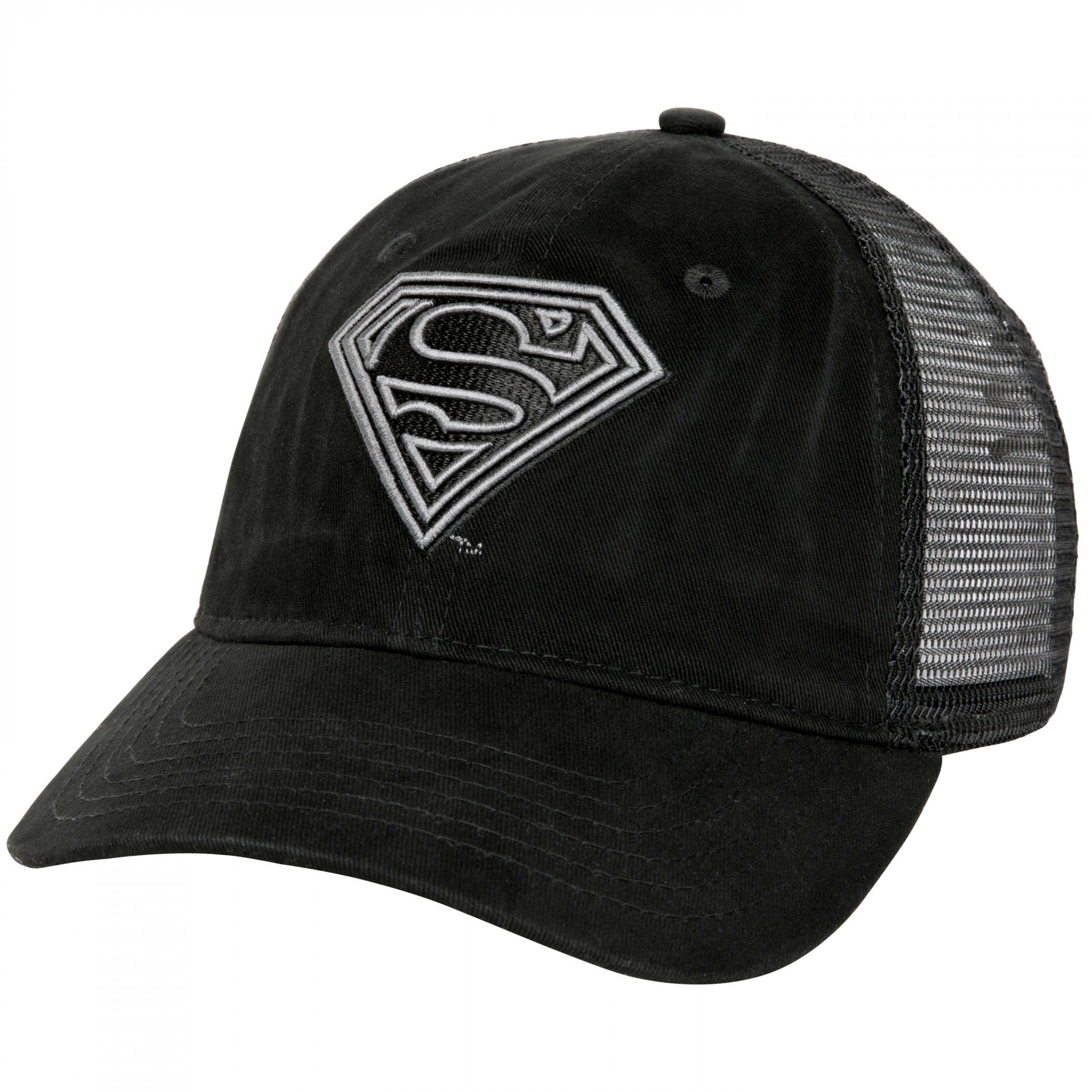 Superman Classic Symbol Black on Black Curved Brim Adjustable Dad Hat, Black