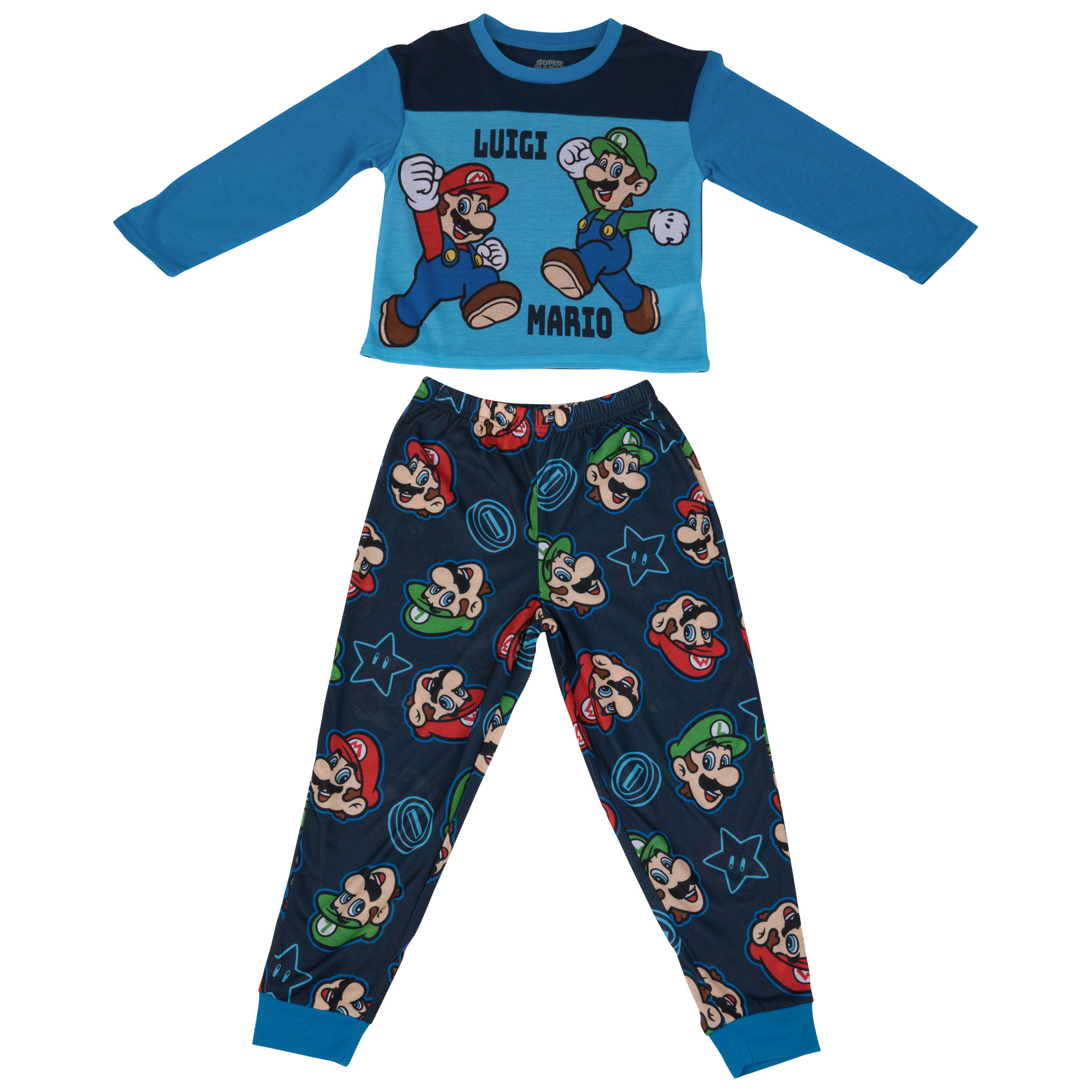 Super Mario Bros. Mario and Luigi 2-Piece Long Sleeve Youth Pajama Set, Blue